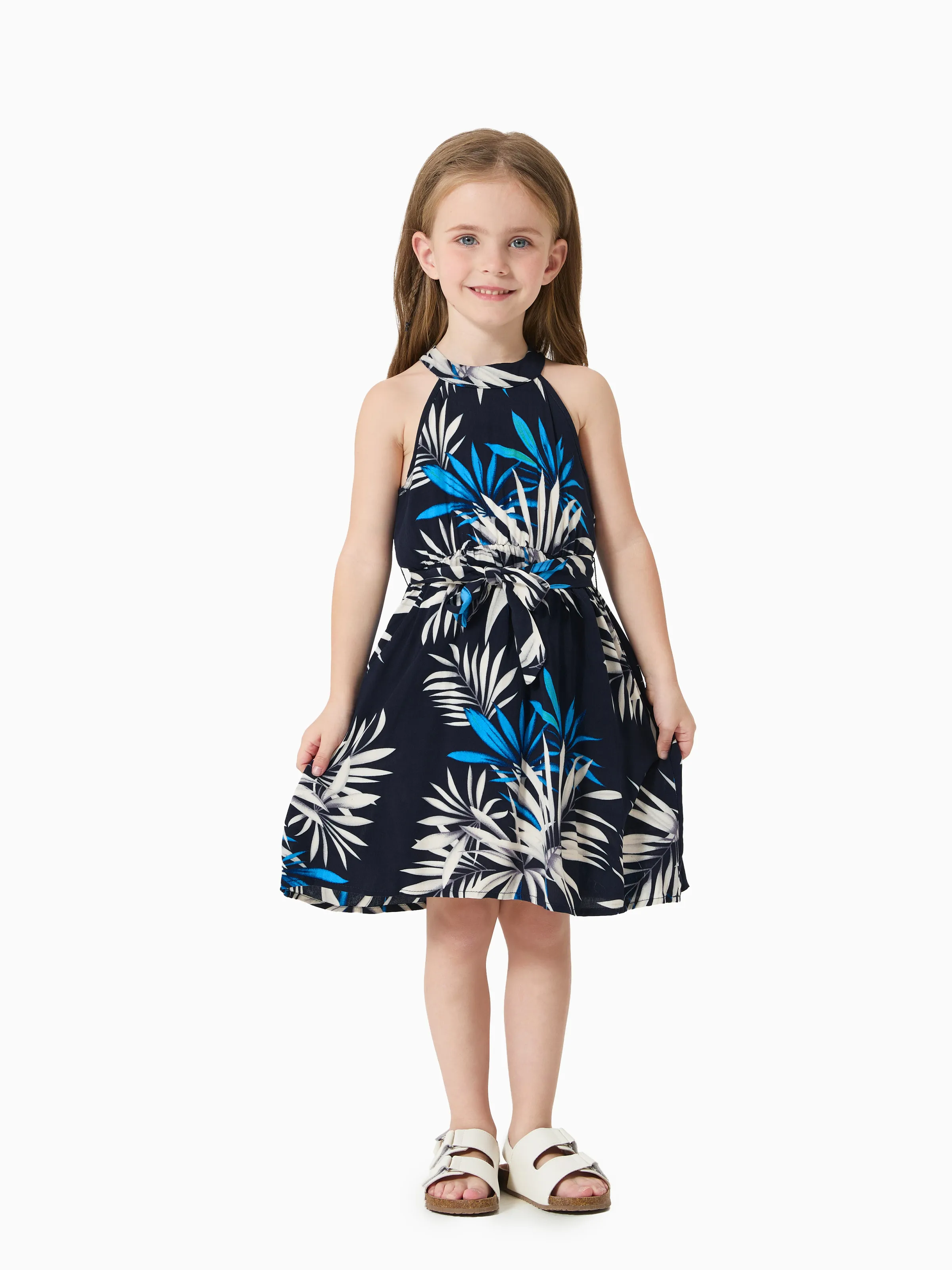 

Family Matching Leaf Print Beach Shirt and High Neck Halter A-Line Maxi Dress Sets