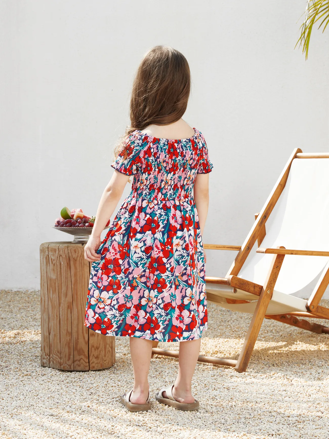Girl - Family Vacation Outfits - Floral Print Off Shoulder Smocking Dresses and Matching Shirts - Dark Blue - image 9