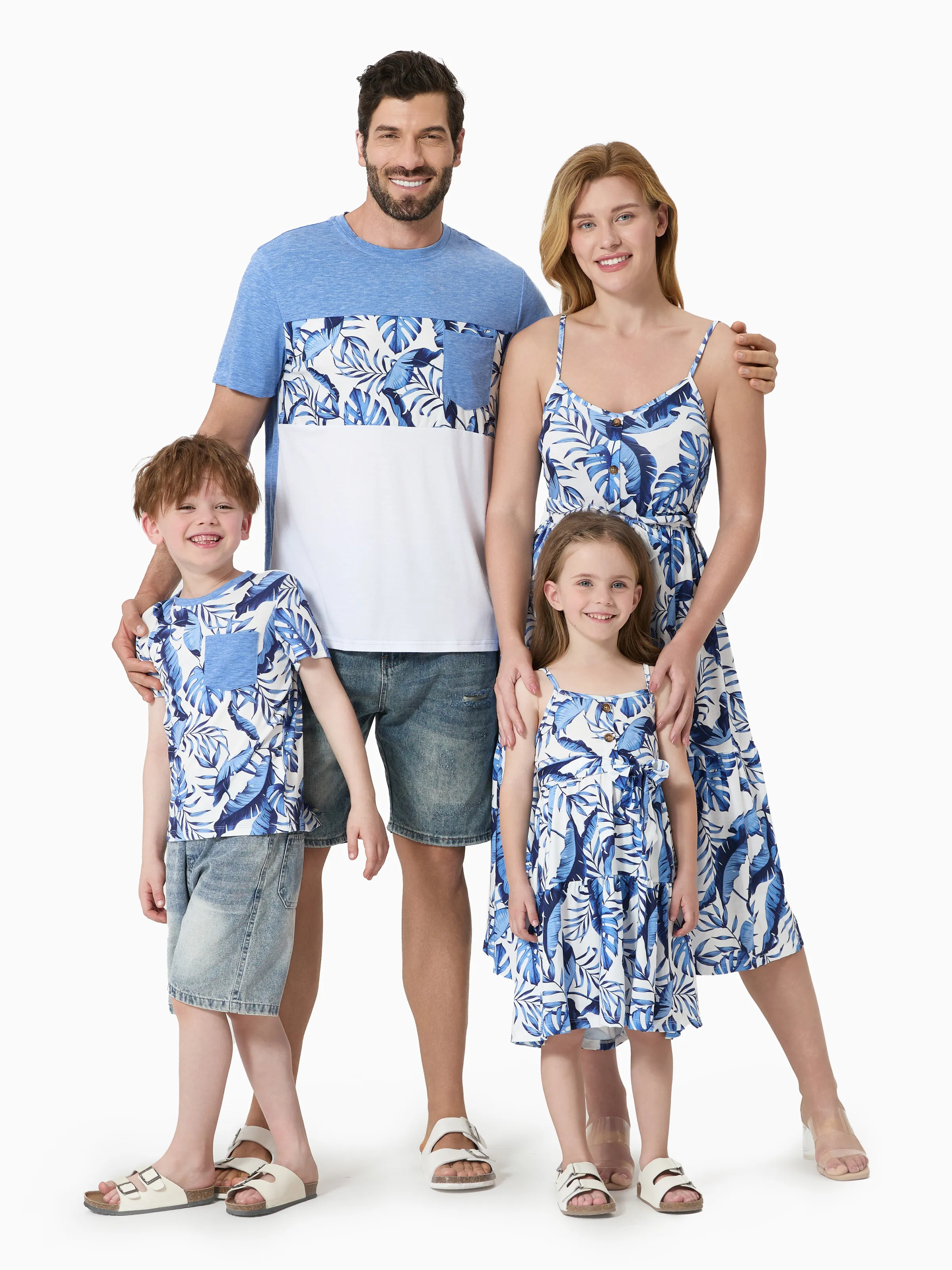 

Family Matching Sets Naia Blue Floral Tee or Button Ruffle Hem Strap Dress