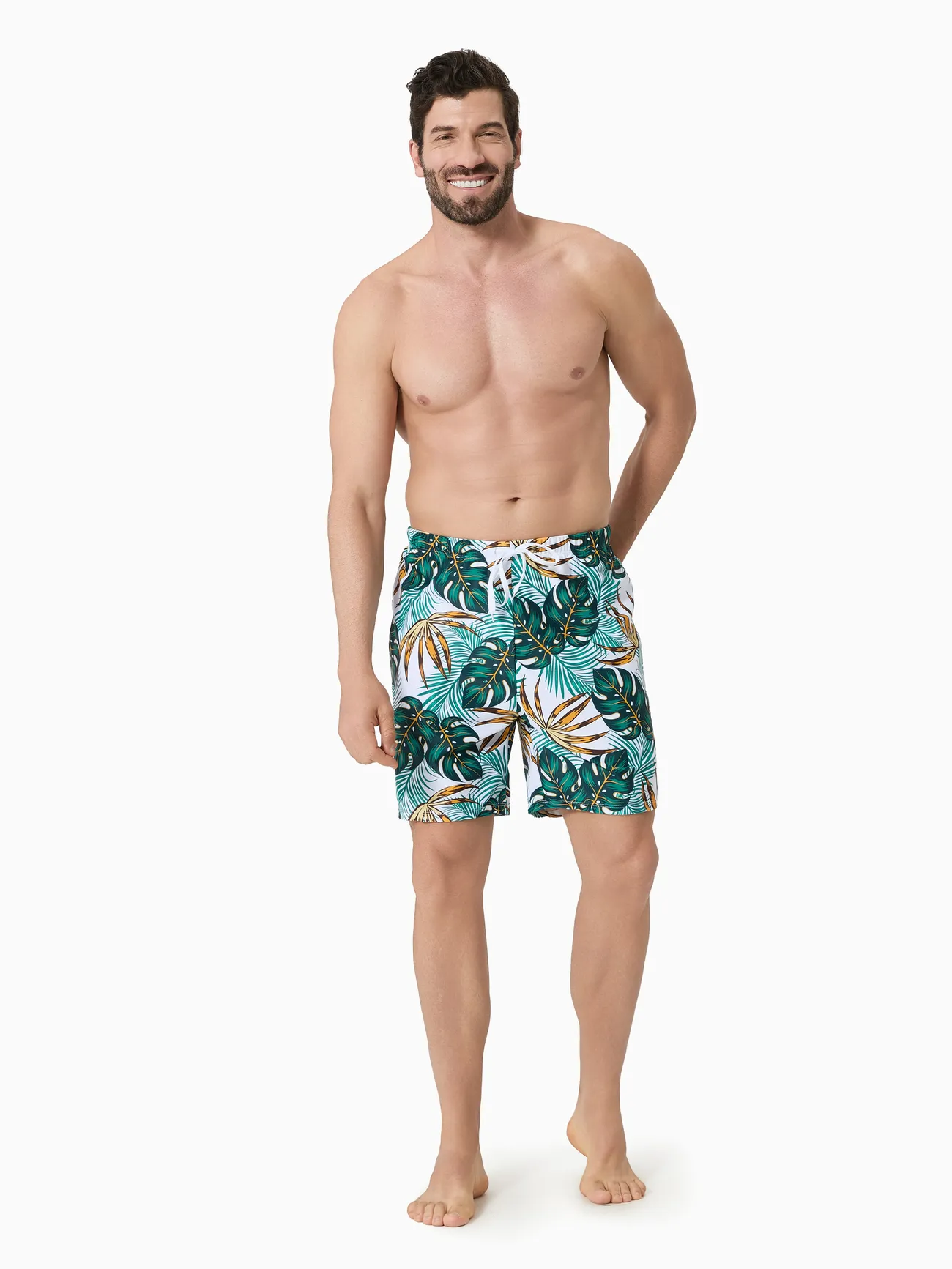 Family Matching Allover Plants Print Swim Trunks Shorts and V Neck Spaghetti Strap Splicing One-Piece Swimsuit