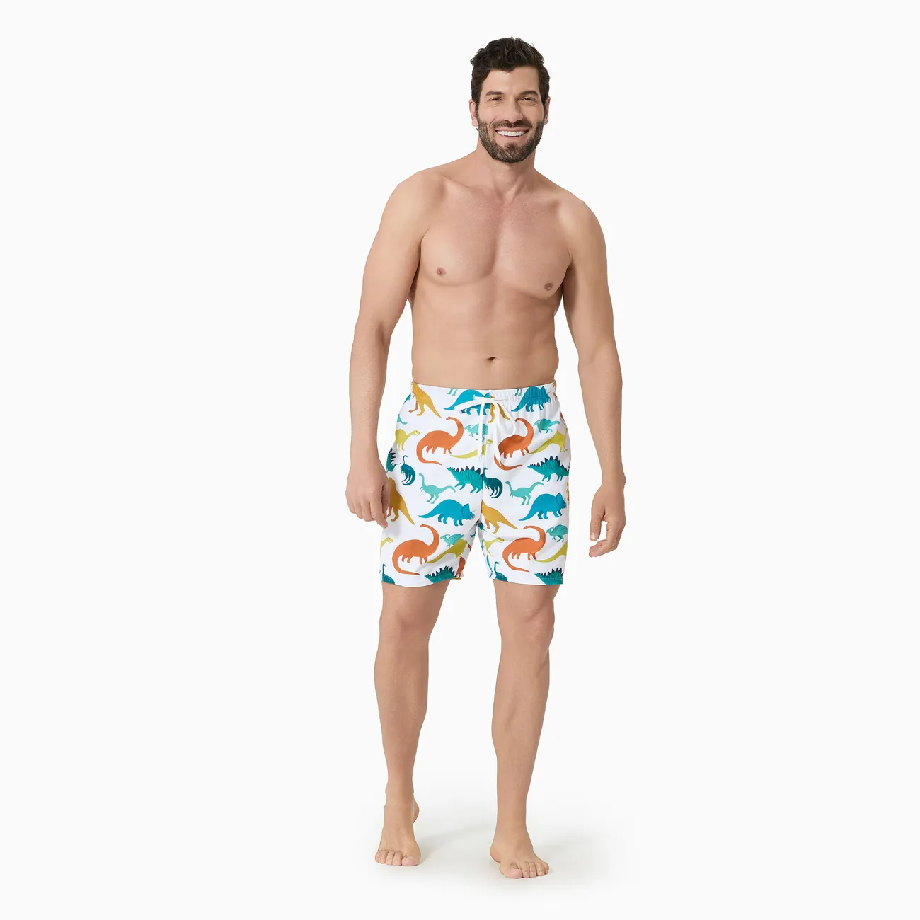 Family Matching All Over Multicolor Dinosaur Print Swim Trunks Shorts and Ruffle Two-Piece Swimsuit
