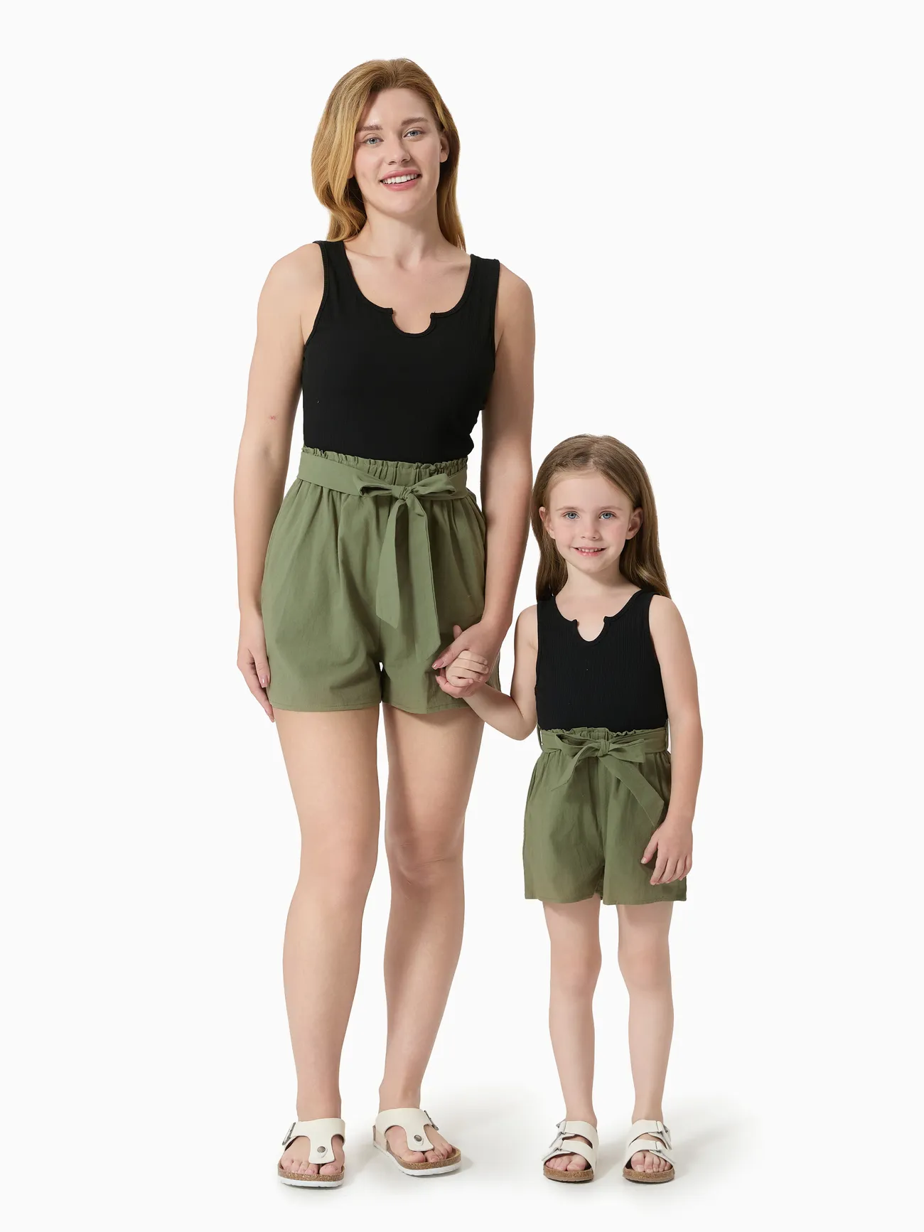 100% Cotton Ribbed and Solid Splicing Sleeveless Belted Romper for Mom and Me