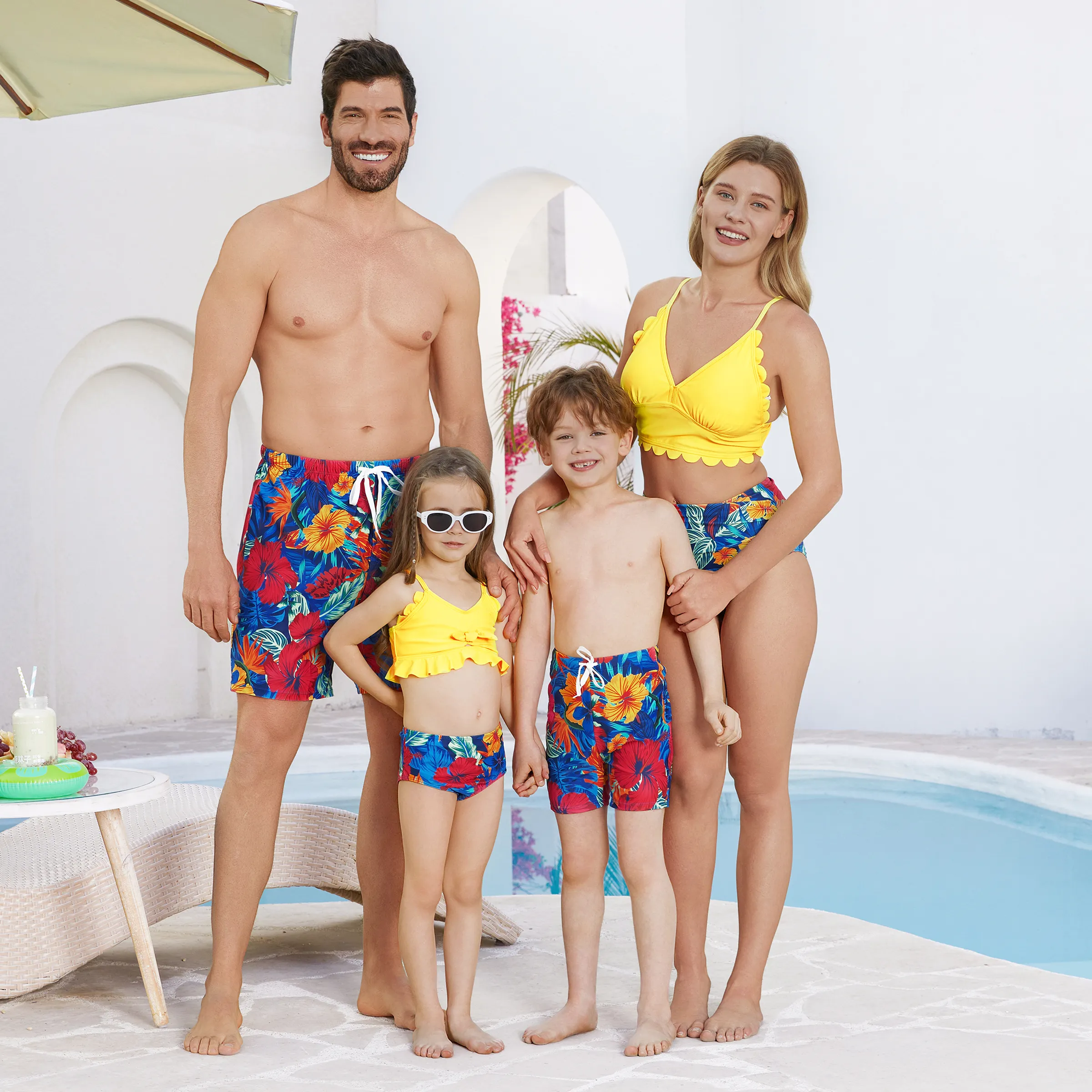 Family Matching Solid Scallop Trim Strappy Two-piece Swimsuit or Allover Floral Print Swim Trunks Shorts