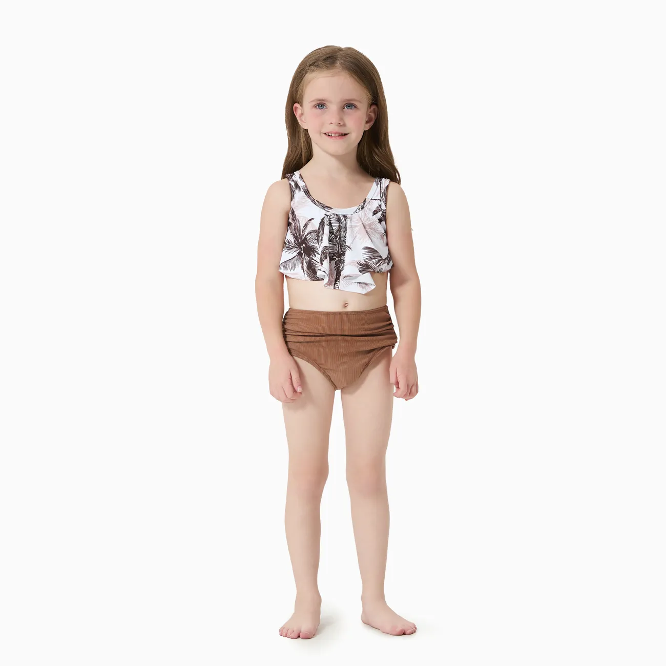 Family Matching Allover Coconut Tree Print Spliced Ruched Two-Piece Swimsuit or Swim Trunks