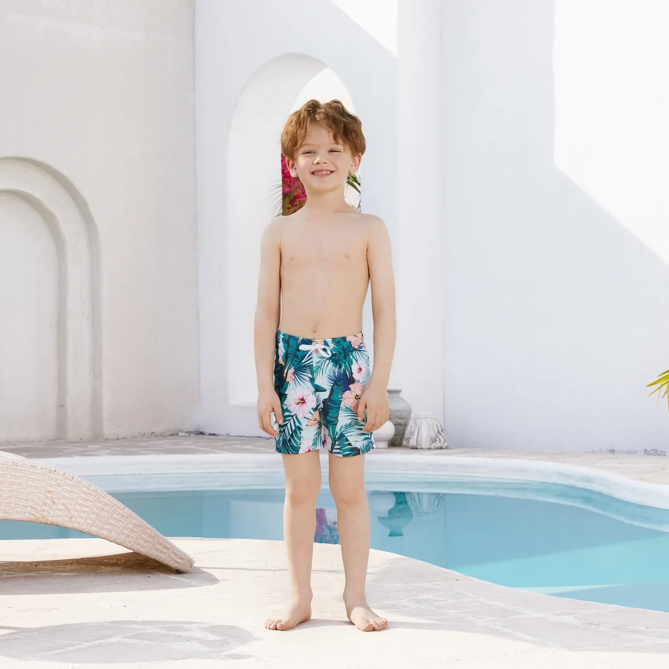 Family Matching Plant Print Ruffle Trim Spliced One-piece Swimsuit or Swim Trunks