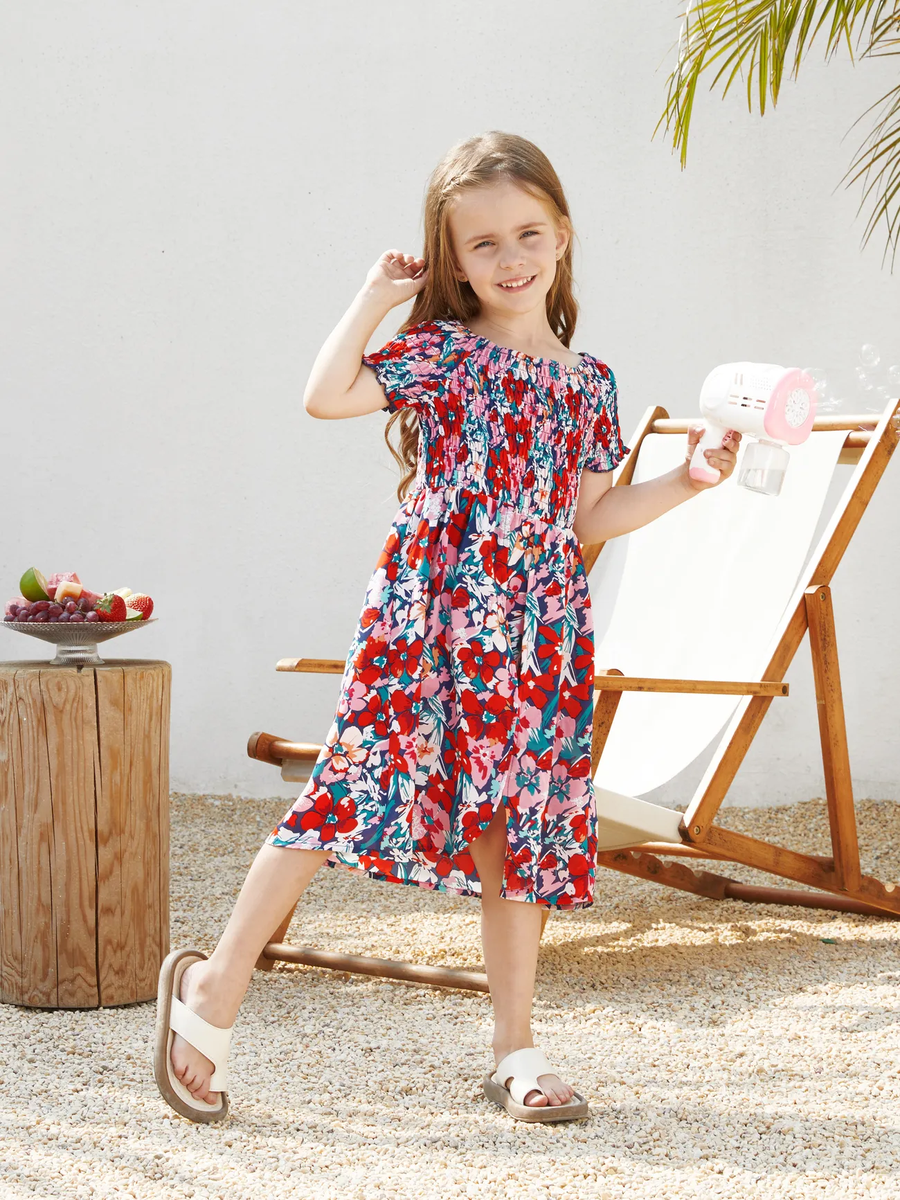 Girl - Family Vacation Outfits - Floral Print Off Shoulder Smocking Dresses and Matching Shirts - Dark Blue - image 8