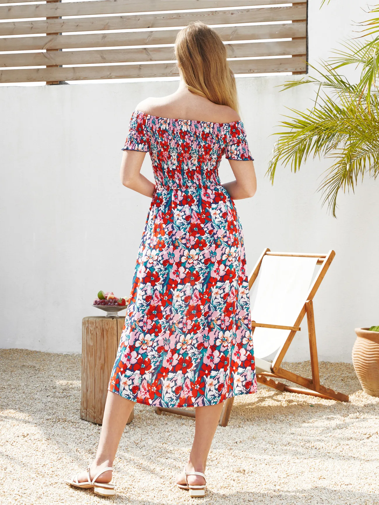 Women - Family Vacation Outfits - Floral Print Off Shoulder Smocking Dresses and Matching Shirts - Dark Blue - image 3