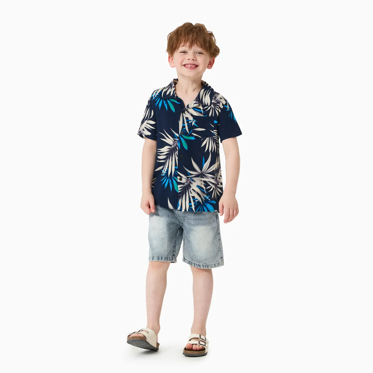 Family Matching Leaf Print Beach Shirt and High Neck Halter A-Line Maxi Dress Sets
