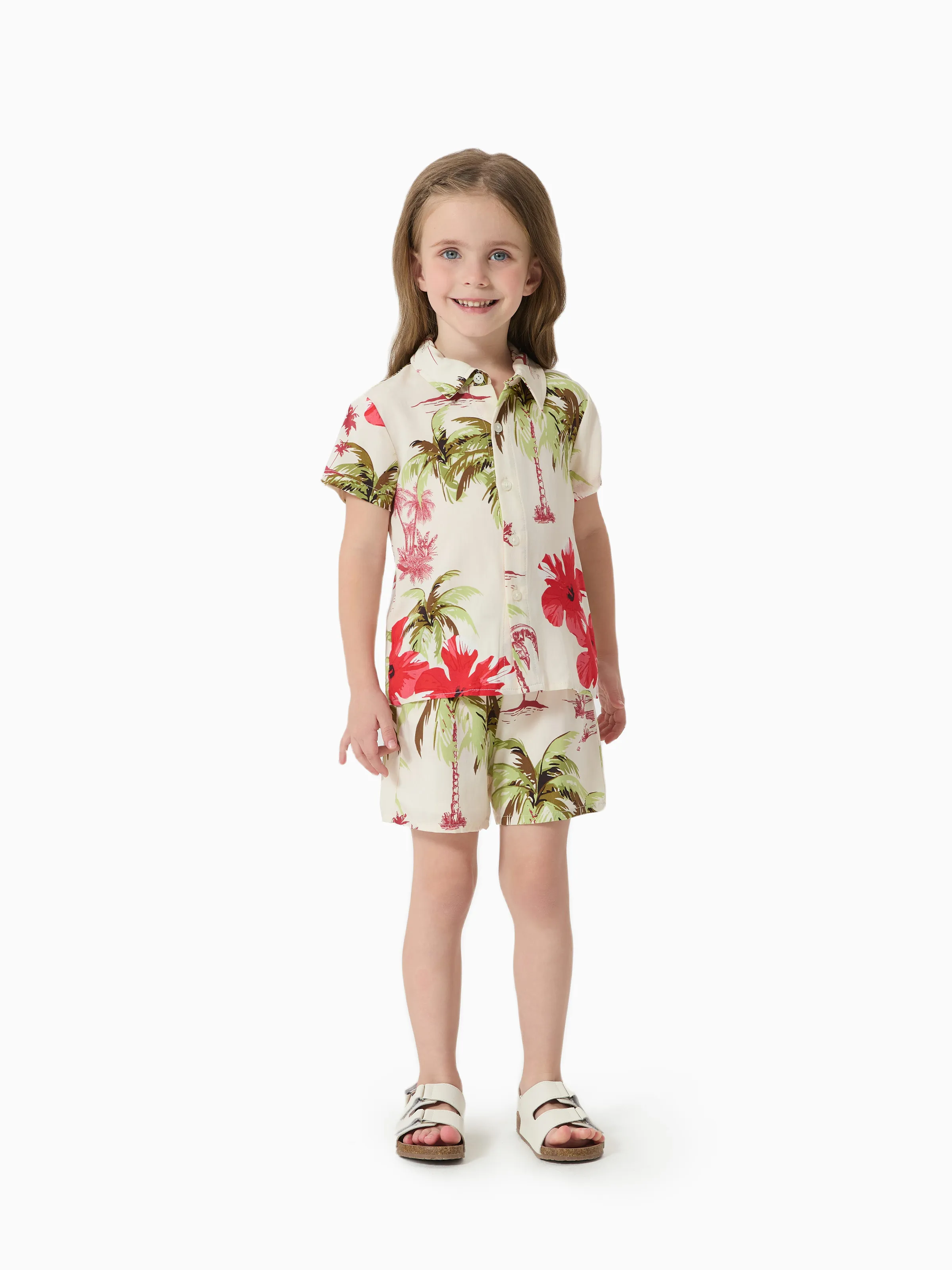 

Family Matching Sets Tropical Floral Printed Button Up Beach Shirt and Shorts with Drawstring and Pockets