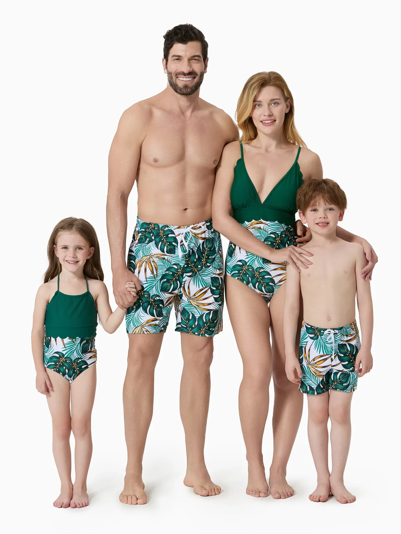 Matching Family Bathing Suits Dark Green - Plant Print V Neck One-Piece Swimsuit & Swim Trunk - Dark Green - image 1