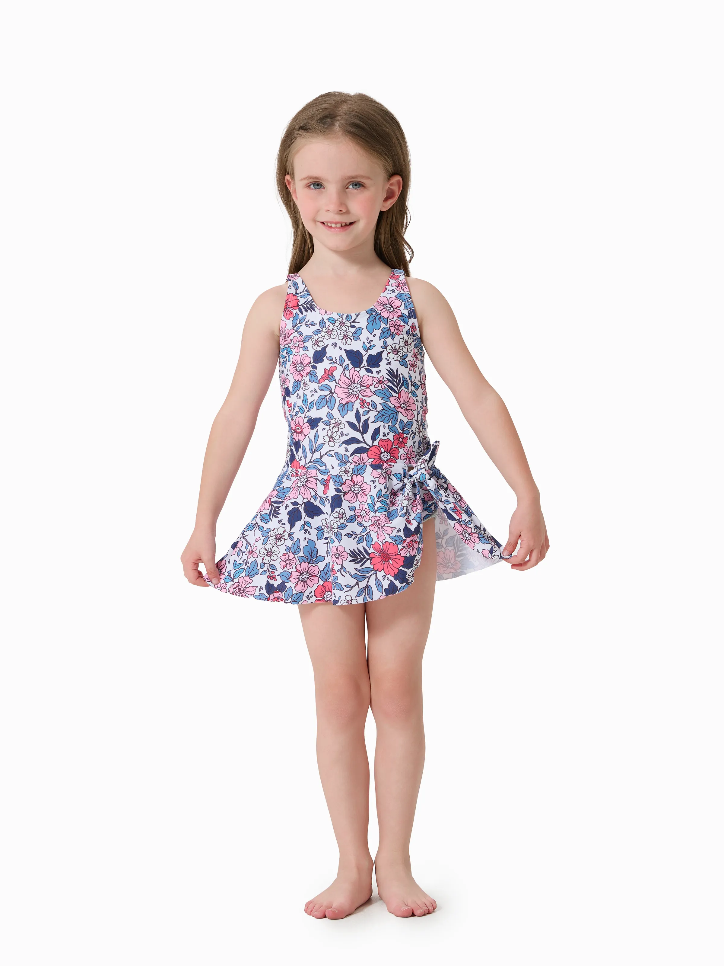 

Family Matching Swimsuit Color Block Drawstring Swim Trunks or Ditsy Floral Bow Side Tankini