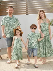 Family Matching Leaf Print Short-sleeve Shirt or Halter Dress Green Set 