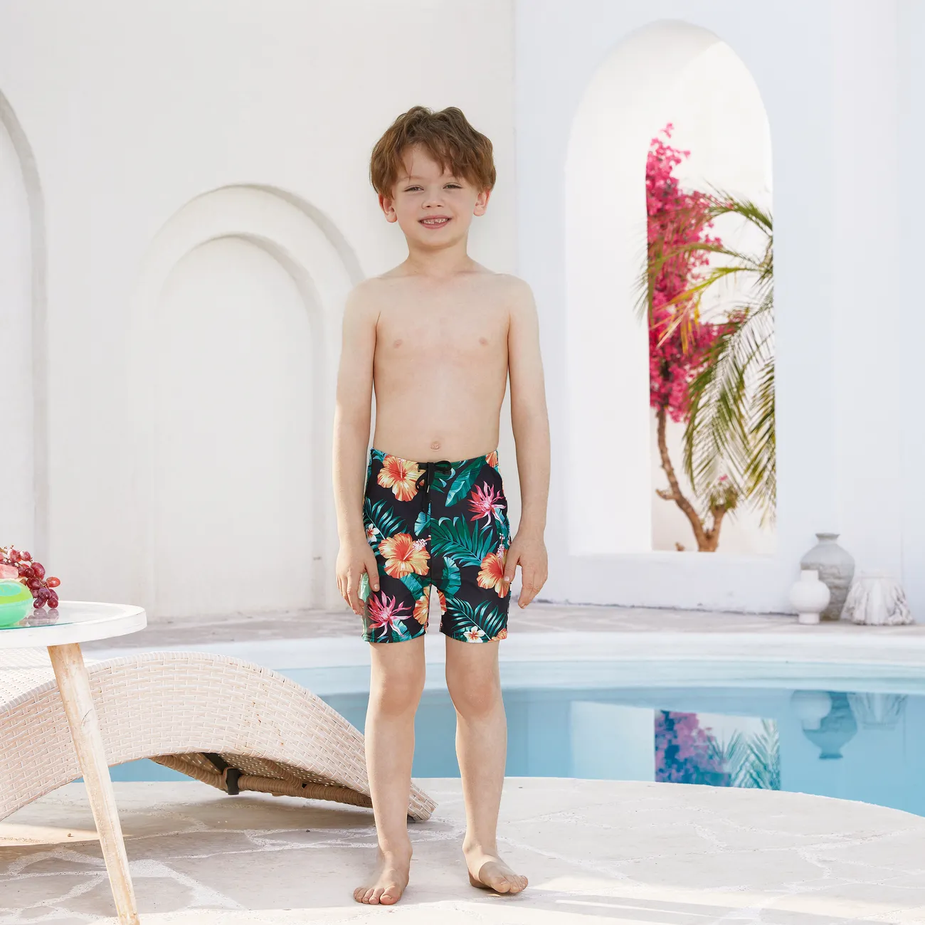 Family Matching Tropical Floral Drawstring Swim Trunks or Shell Edge Bikini