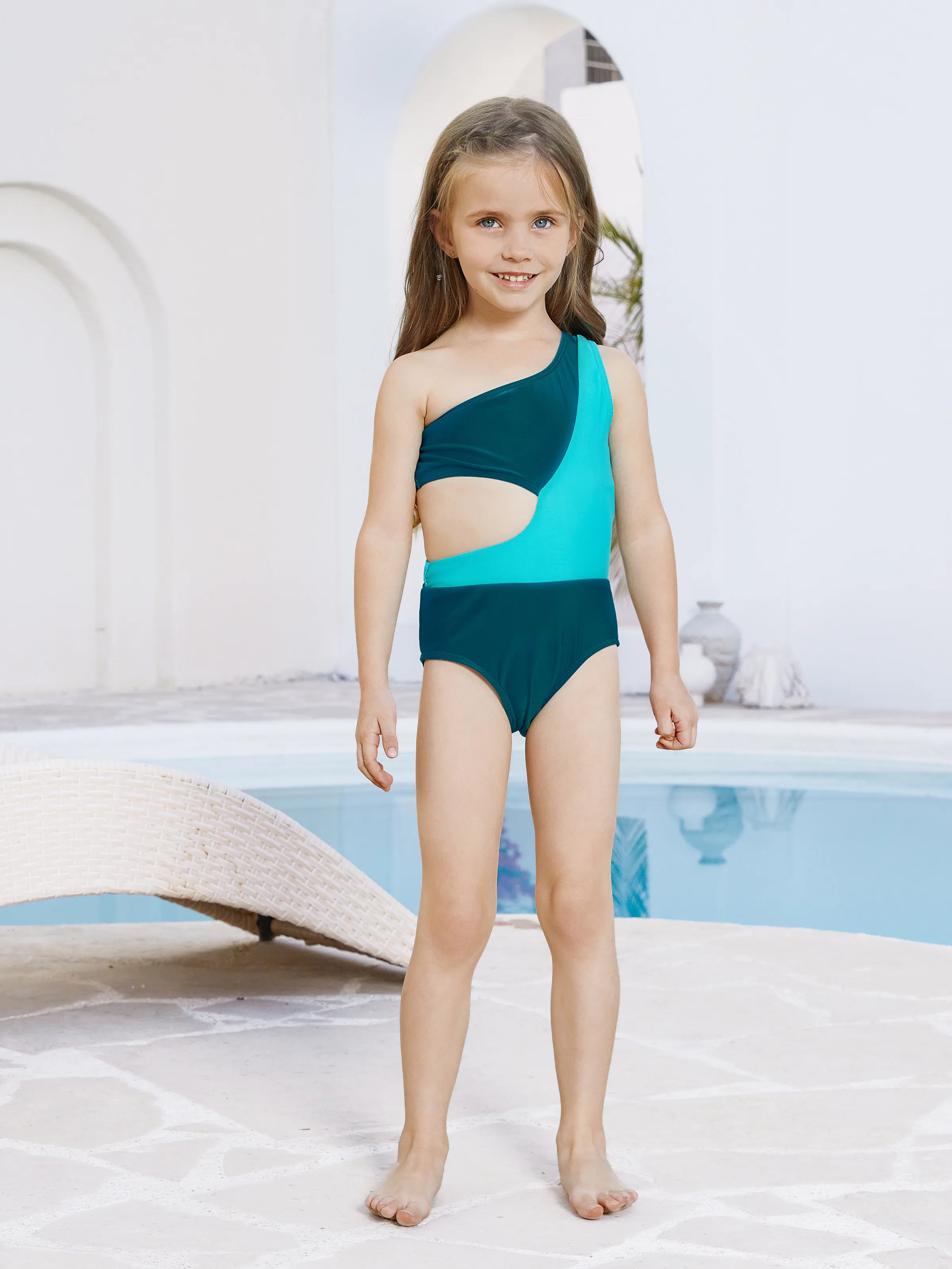 

Family Matching Colorblock One Shoulder Cut Out One-piece Swimsuit and Striped Spliced Swim Trunks Shorts