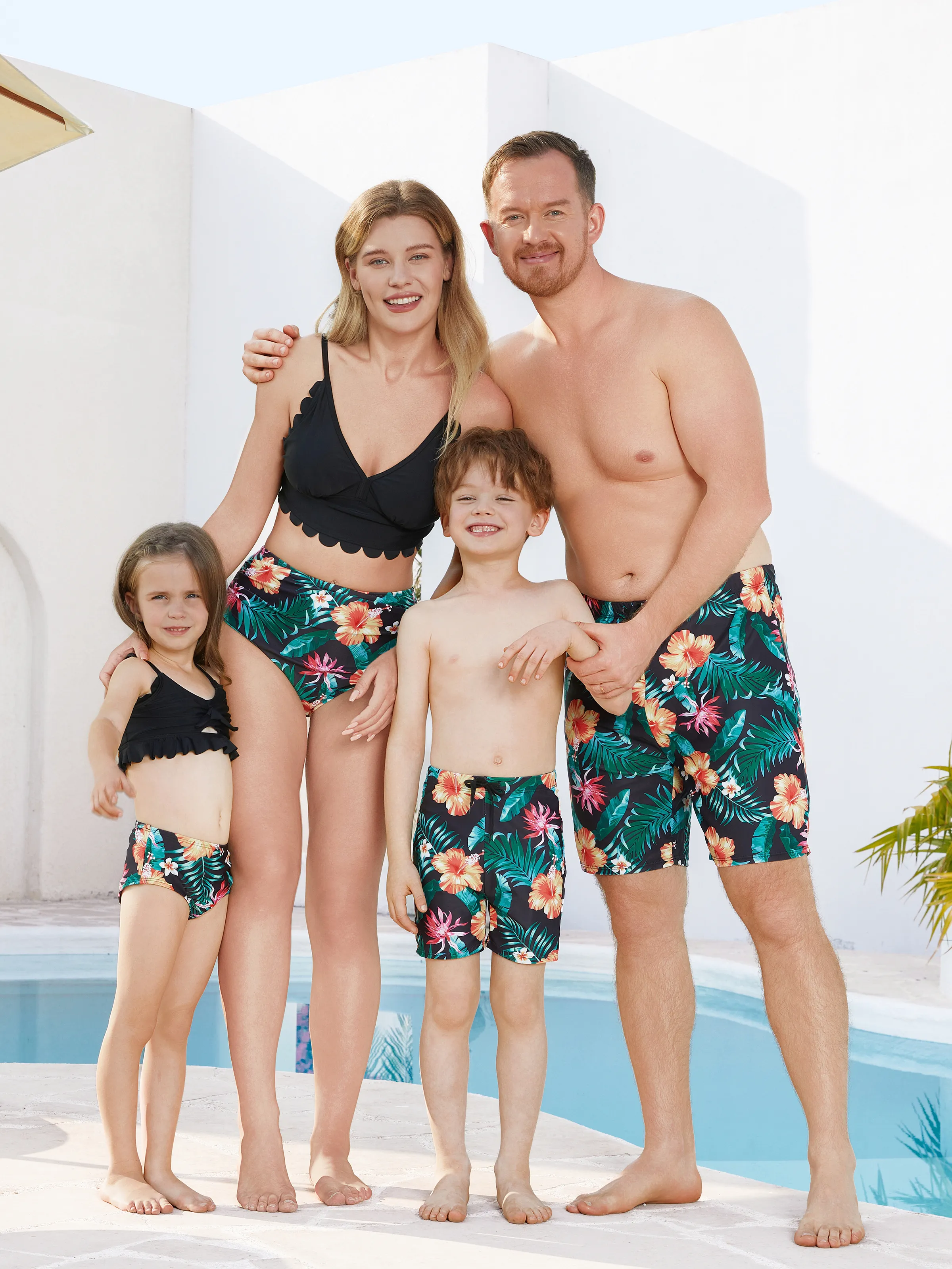 Family Matching Tropical Floral Drawstring Swim Trunks or Shell Edge Bikini