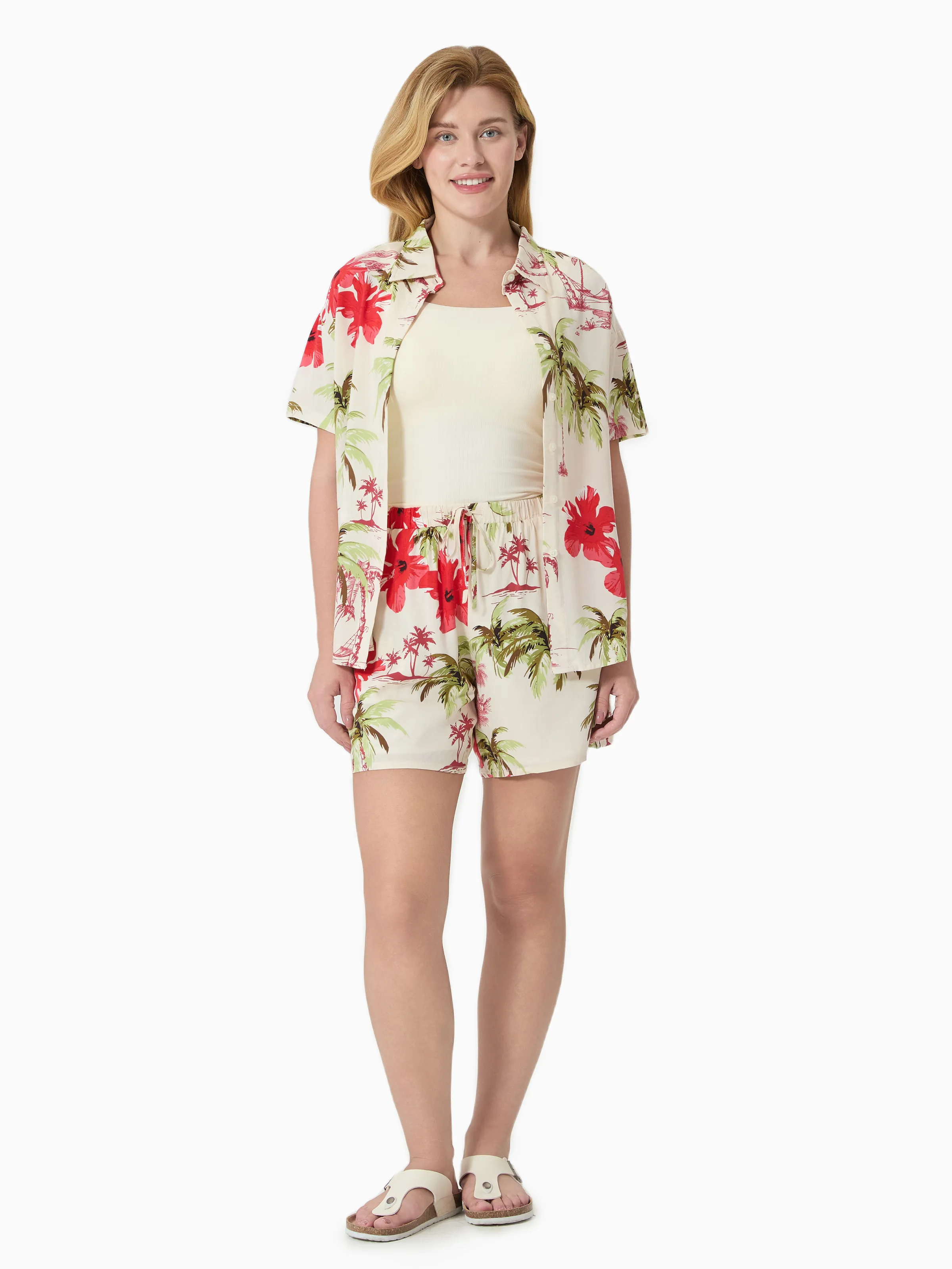 

Family Matching Sets Tropical Floral Printed Button Up Beach Shirt and Shorts with Drawstring and Pockets