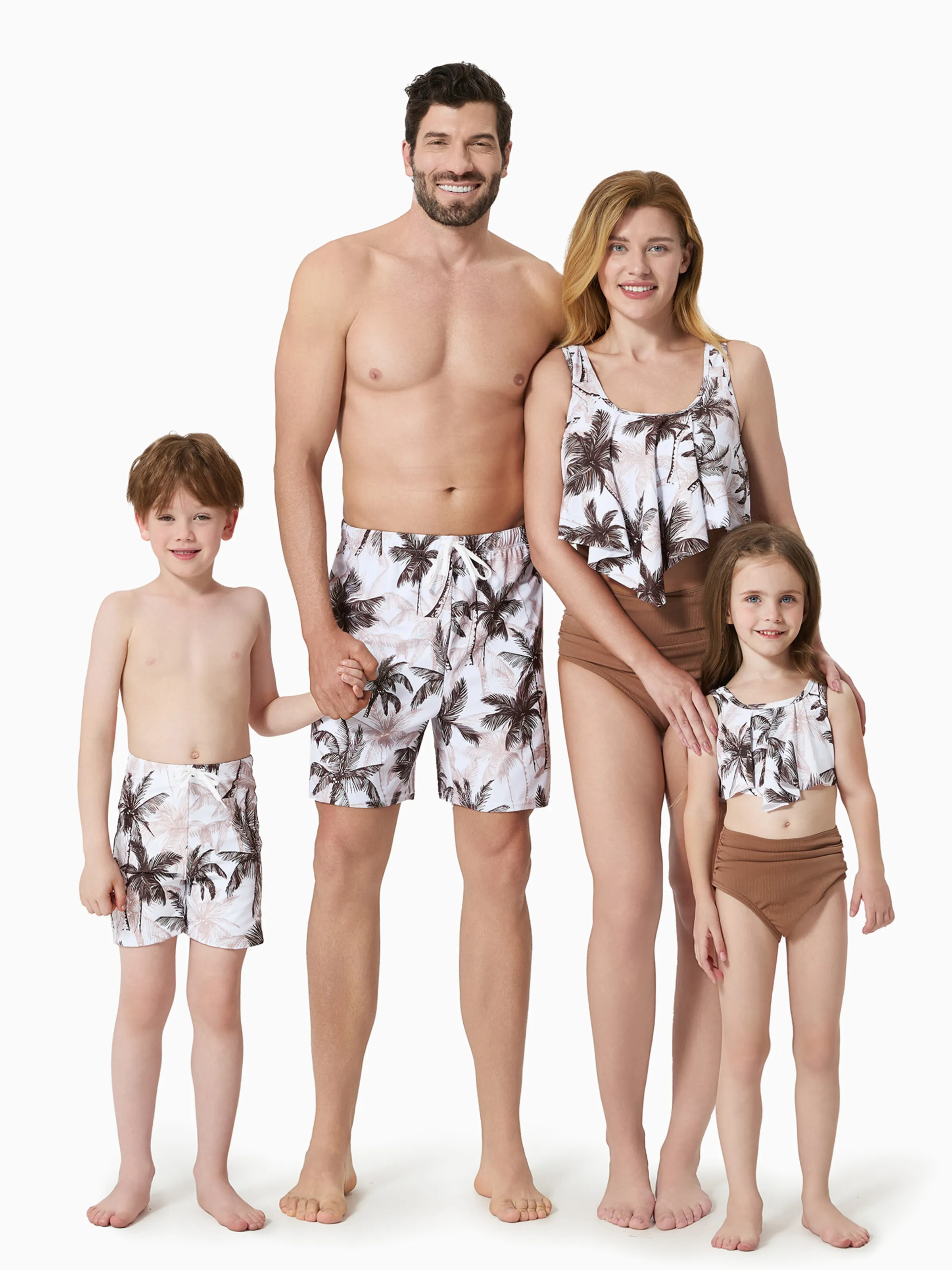 Family Matching Allover Coconut Tree Print Spliced Ruched Two-Piece Swimsuit or Swim Trunks