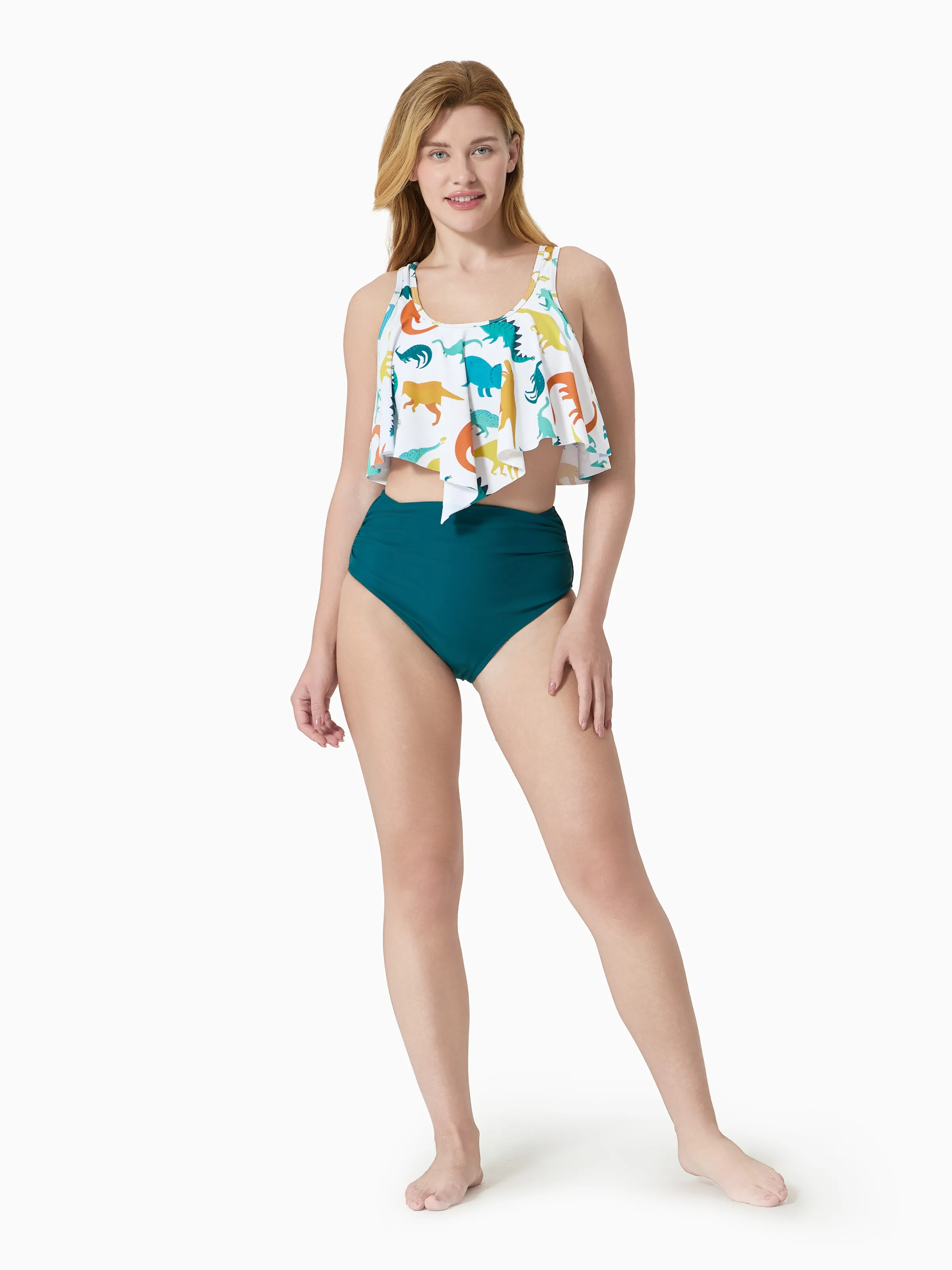 traje de baño de dos piezas con volantes y pantalones cortos de baño con estampado de dinosaurio multicolor a juego de la familia