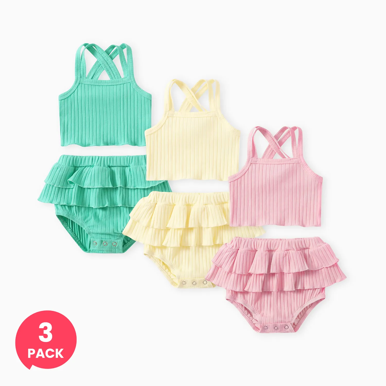 

3-Pack Baby Girl Solid Tank Top and Ruffled Shorts Set