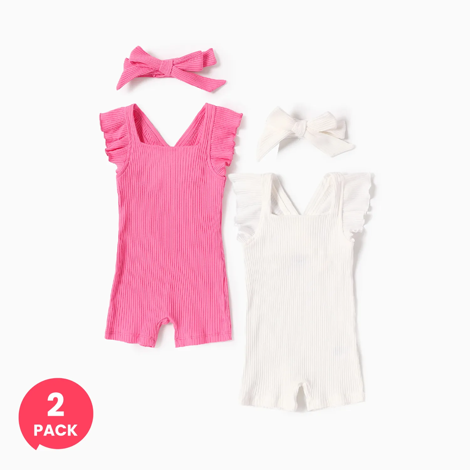 

2-Pack Baby Girl Cotton Flutter-sleeve Jumpsuit with Headband