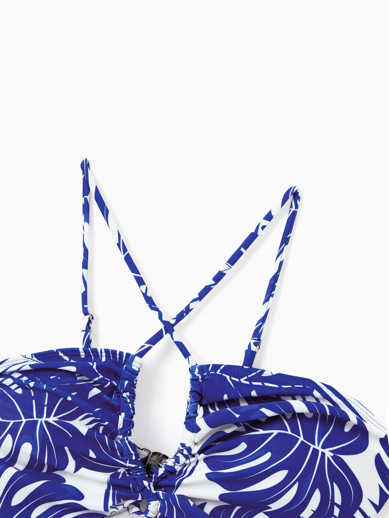 Women - Blue Family Matching Swimsuits (One-piece Monokini and Swim Trunks) with Tropical Leaf Print - Blue - image 6