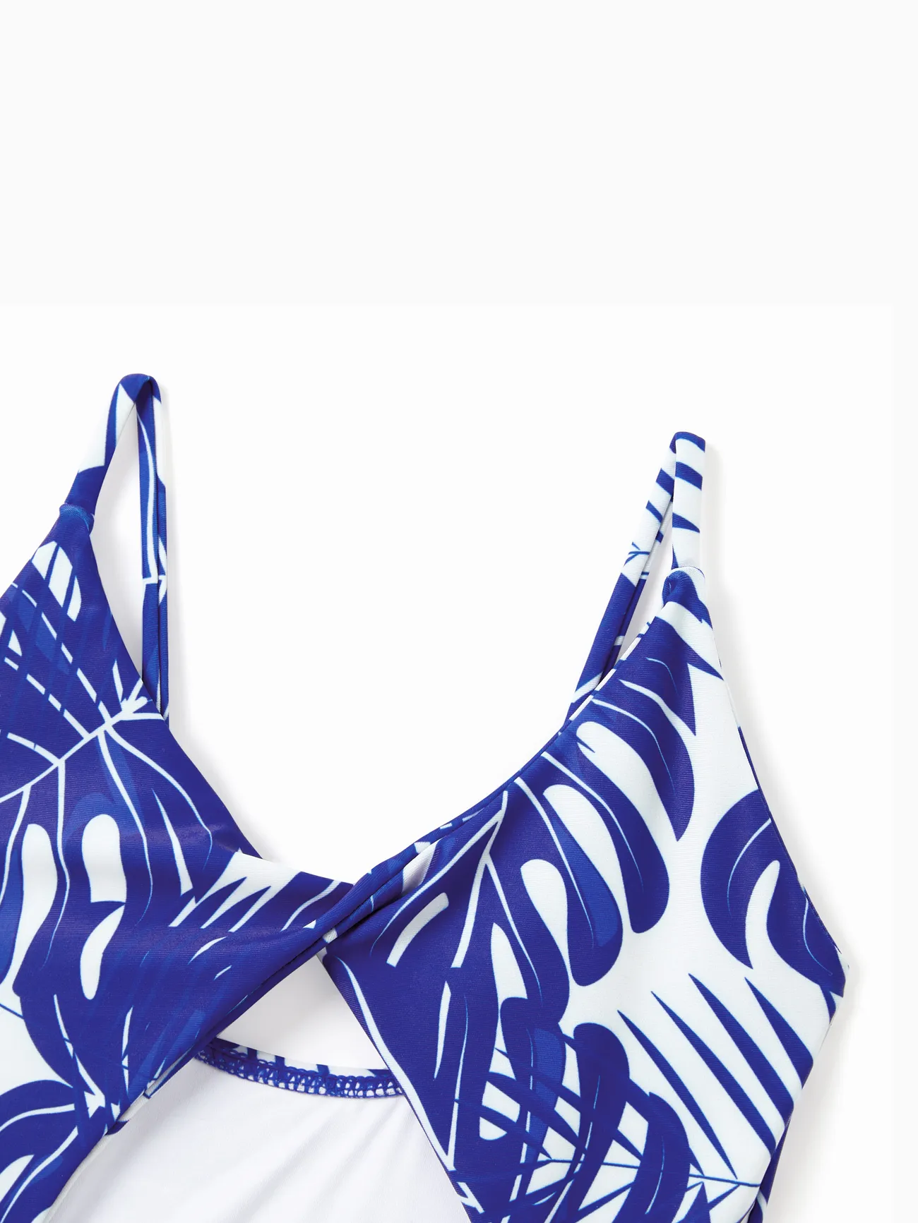 Girl - Blue Family Matching Swimsuits (One-piece Monokini and Swim Trunks) with Tropical Leaf Print - Blue - image 11