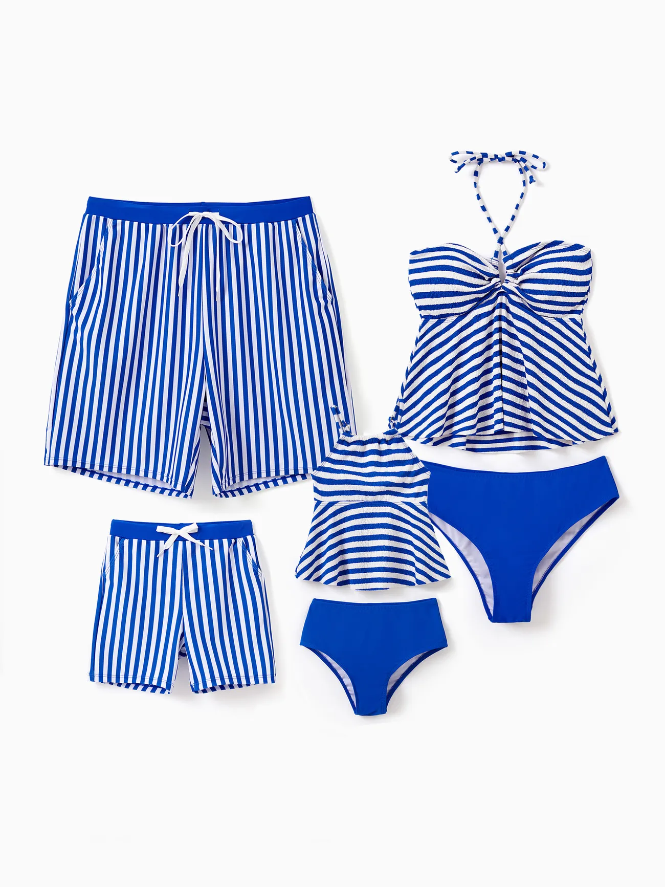 Family Matching Blue Striped Swim Trunks or 2 Pieces Halter Tankini Swimsuit - Blue - image 1