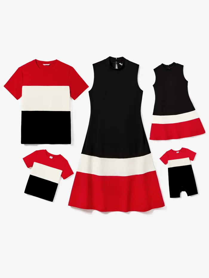 Family Matching Triple Colorblock T-shirt and Splicing Ruffle Hem Dress Sets