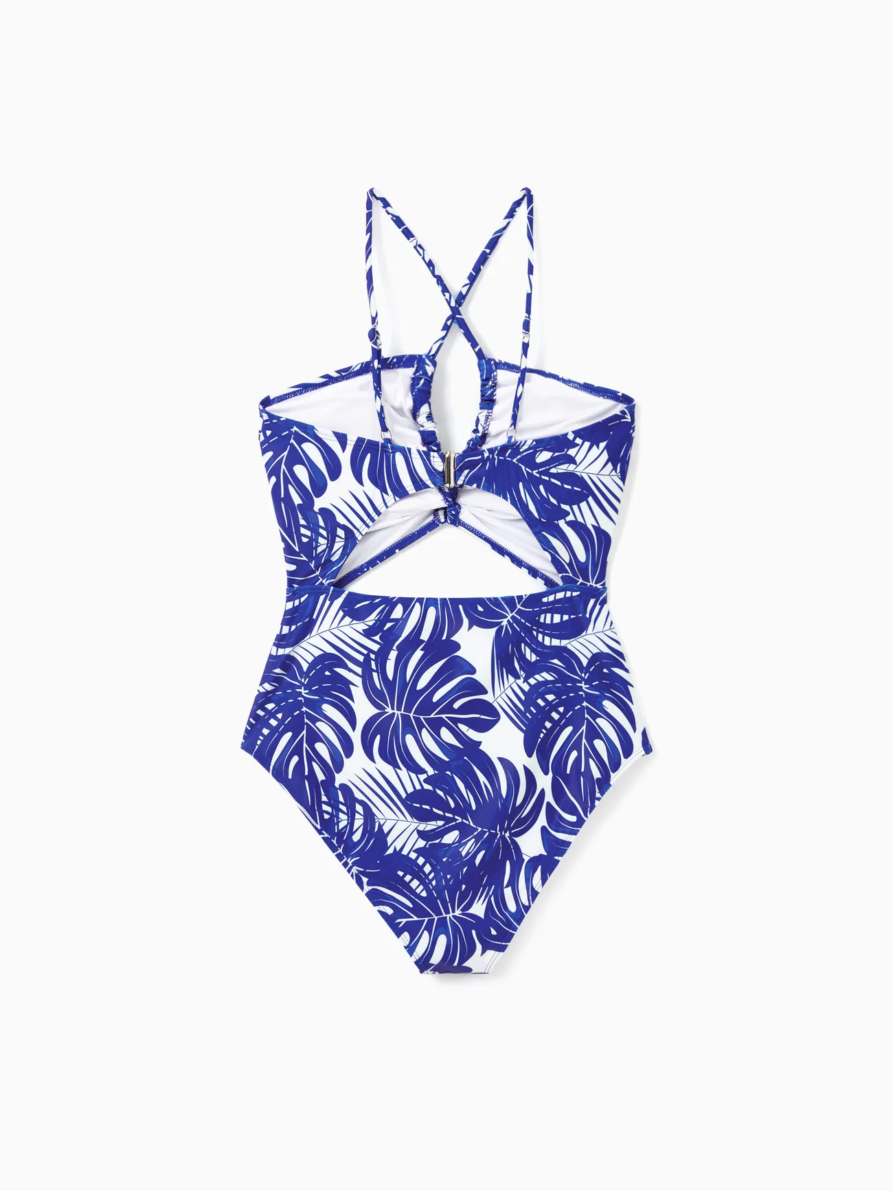 Women - Blue Family Matching Swimsuits (One-piece Monokini and Swim Trunks) with Tropical Leaf Print - Blue - image 5