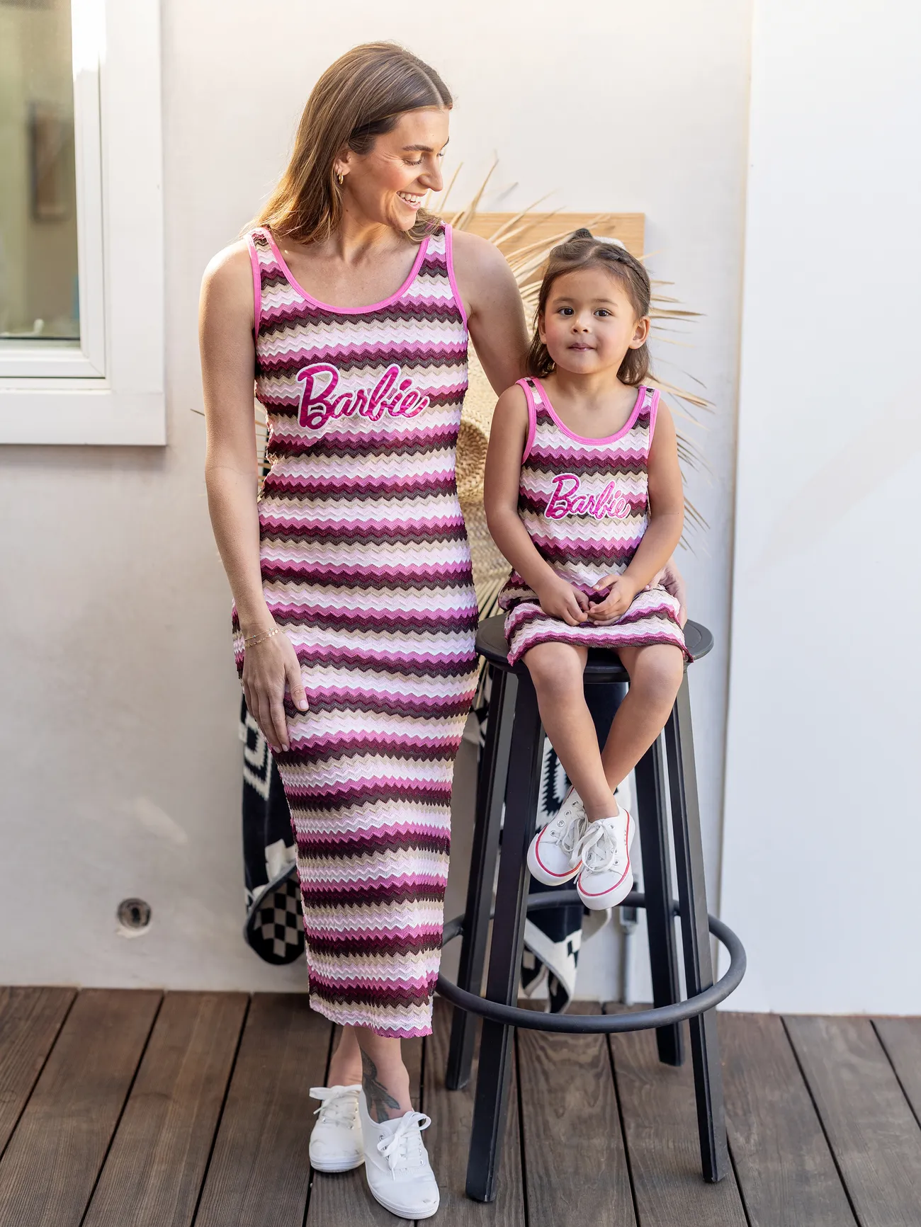 Barbie - Matching Mom and Daughter Dresses 1pc Embroidered Striped Sleeveless Knitted Dress - Hot Pink - image 1