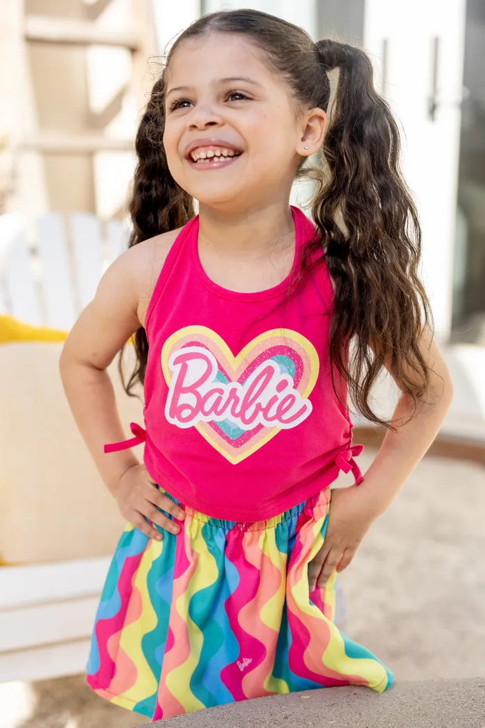 Barbie Toddler Girl 2pcs Cotton Heart Pattern Halter Tank Top And Rainbow Wave Pattern Skirt Set