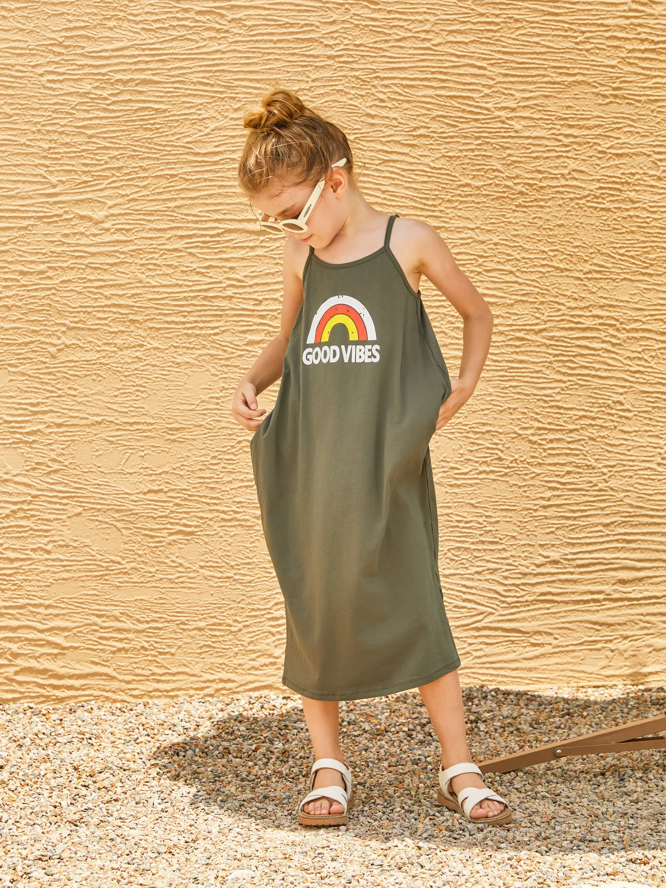 Girl - Mommy and Me Rainbow Graphic 'GOOD VIBES' Front Dress with Pockets - Army green - image 7