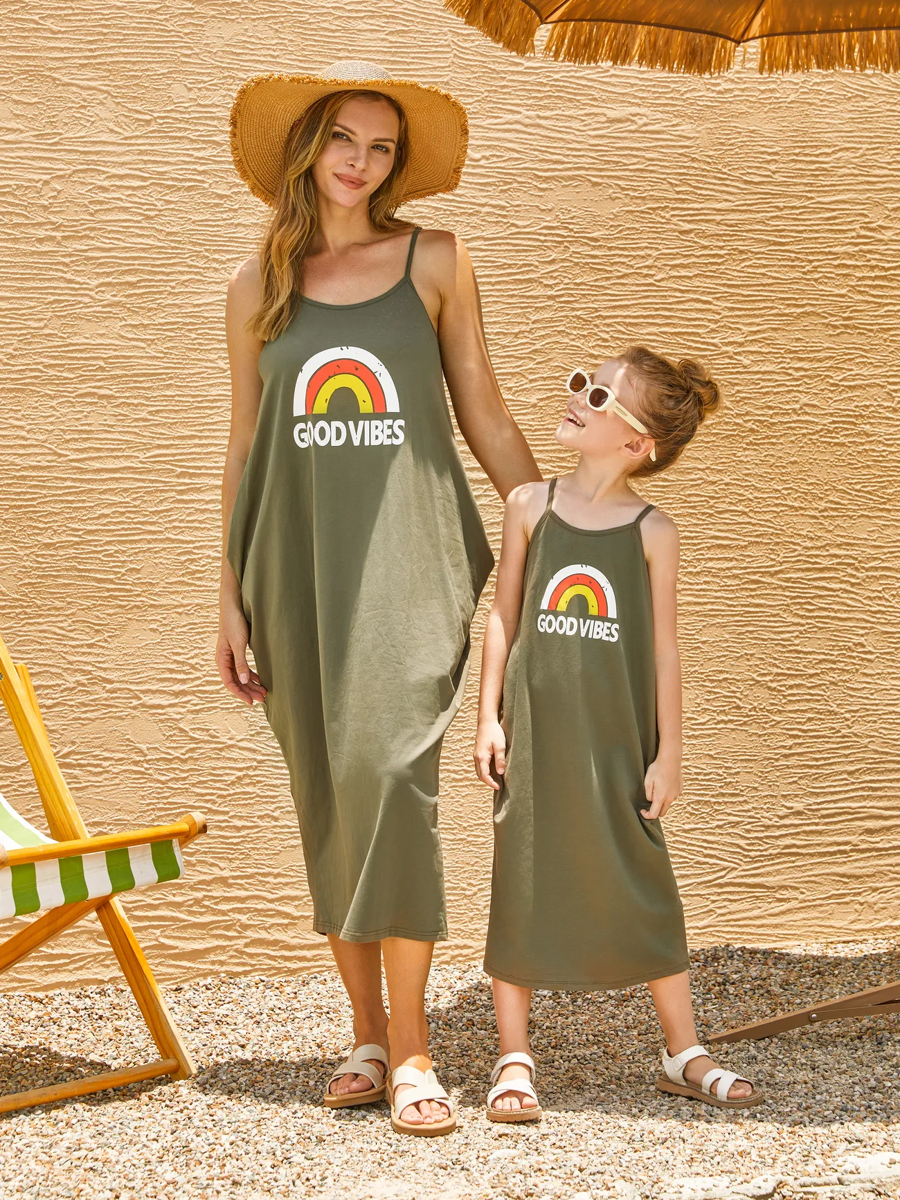 Mommy and Me Rainbow Graphic 'GOOD VIBES' Front Dress with Pockets - Army green - image 1