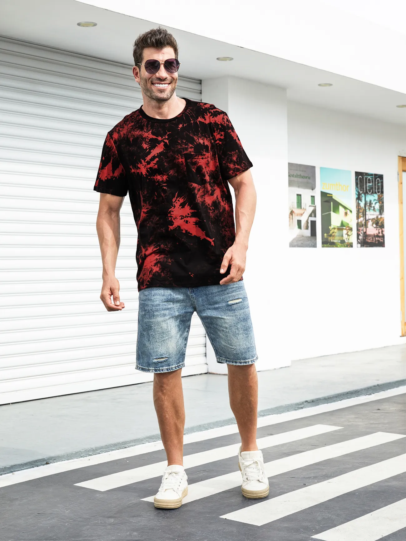 Men - Family Tie-Dyed Cotton Casual Romper with Snaps - redblack - image 22