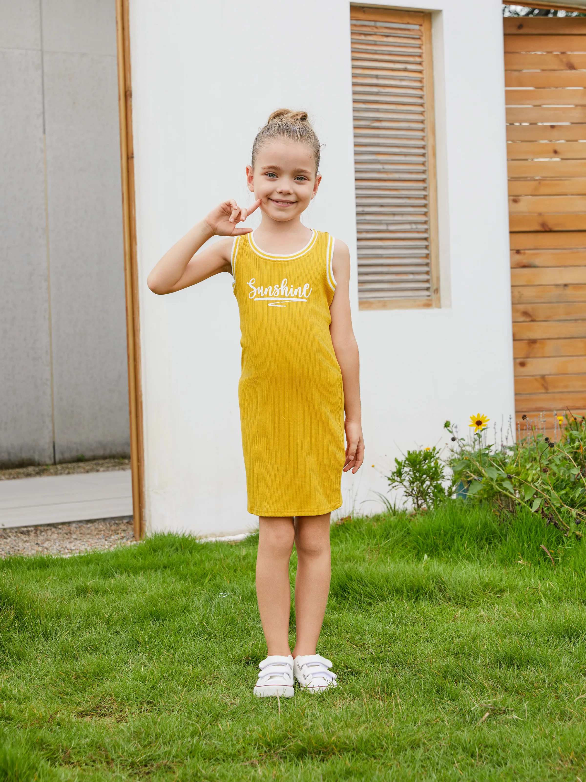 

Mommy and Me Yellow Sunshine Theme Ribbed Sleeveless Racerback Body-con Dress