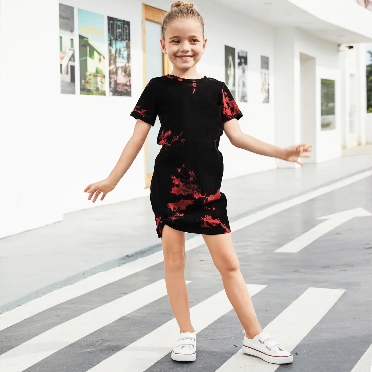 Family Matching 100% Cotton Short-sleeve Tie Dye Twist Knot Bodycon Dresses and T-shirts Sets