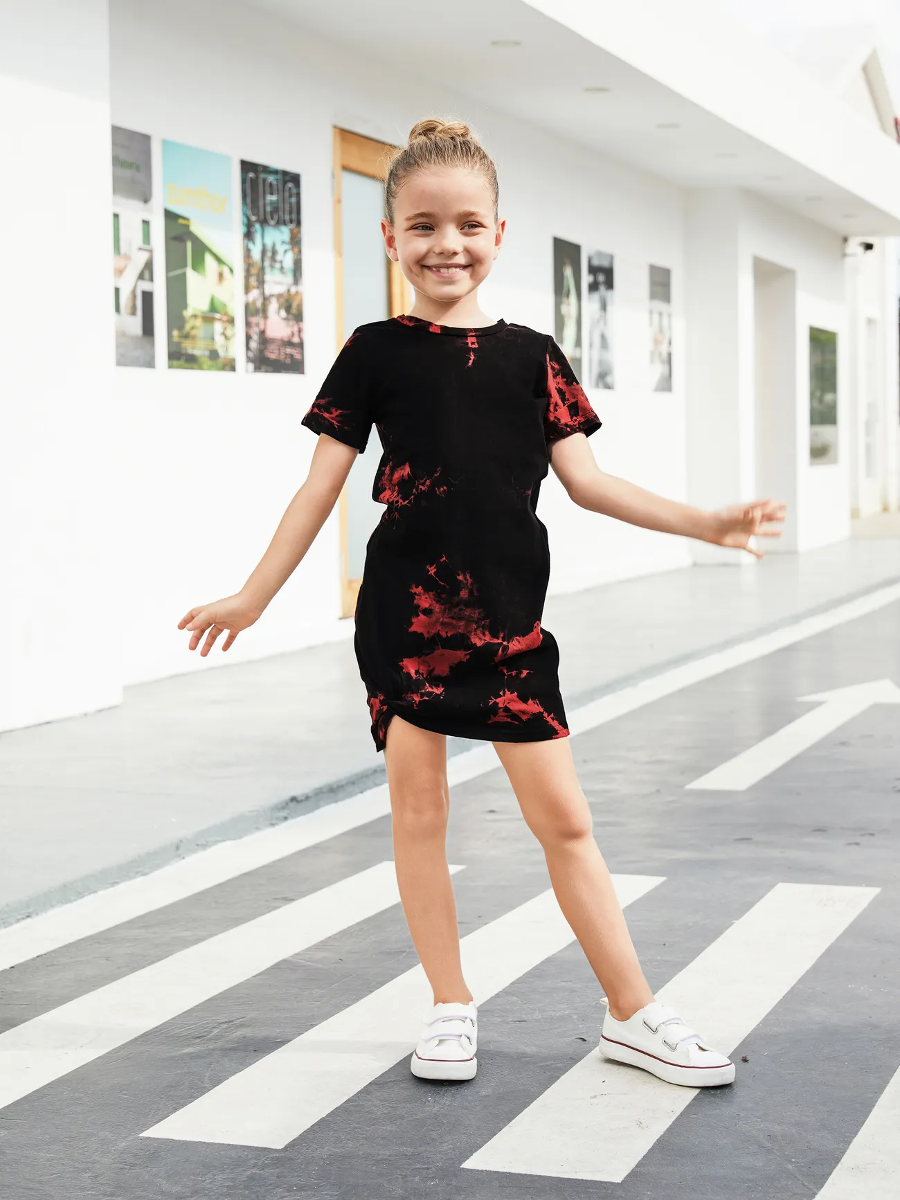 Girl - Family Tie-Dyed Cotton Casual Romper with Snaps - redblack - image 7