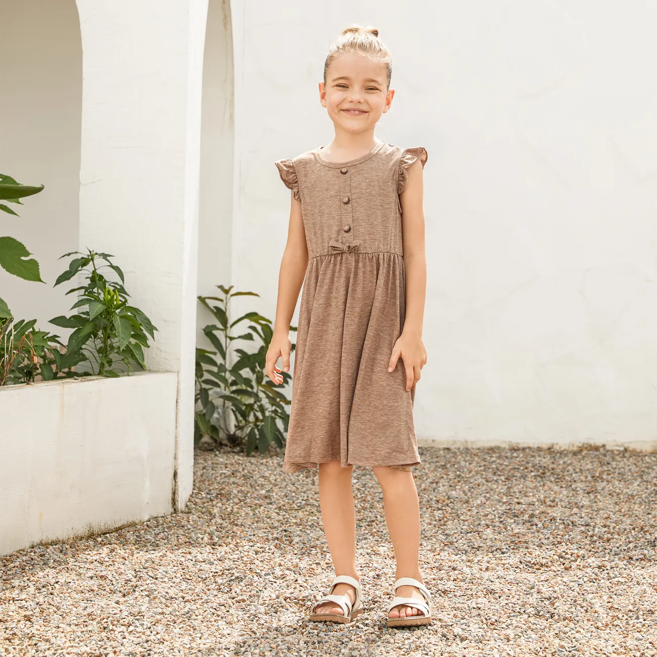 Family Matching Sets Cross-Over Button Front Khaki Dress and Color Block Tee