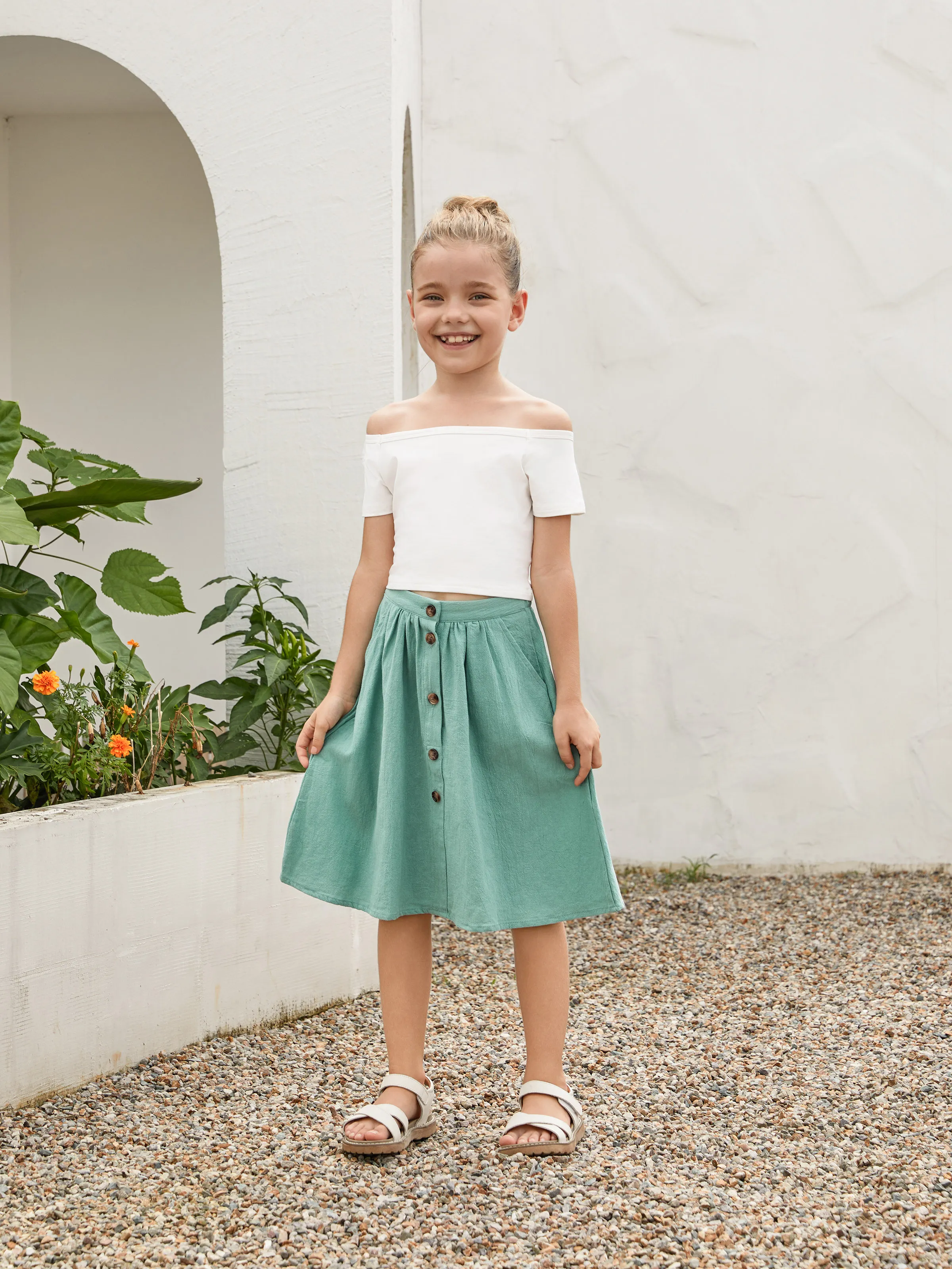 

Family Matching Sets Slogan Tee or White Top Mint Green Button Skirt with Pockets Co-ord Sets