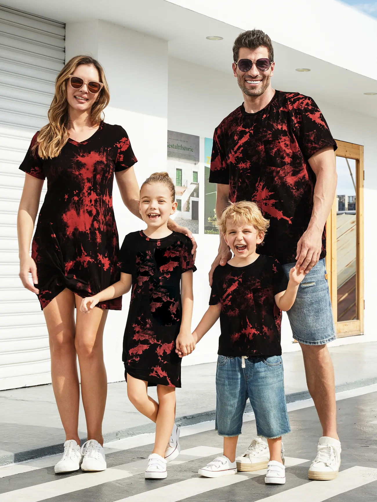 Family Tie-Dyed Cotton Casual Romper with Snaps - redblack - image 1
