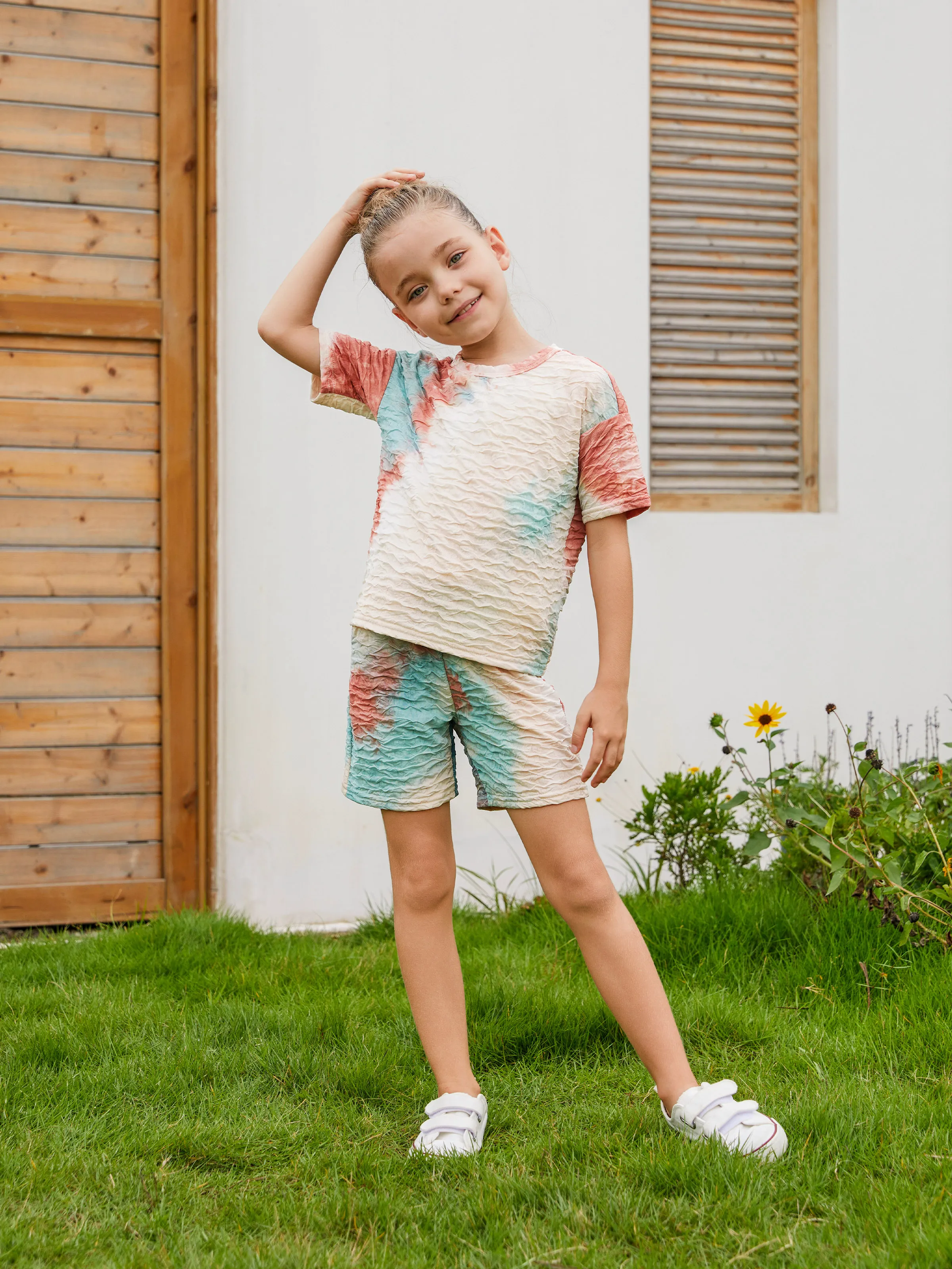 

Mommy and Me Matching Sets Short Sleeves Tie-Dye Textured Fabric Top and Shorts with Pockets