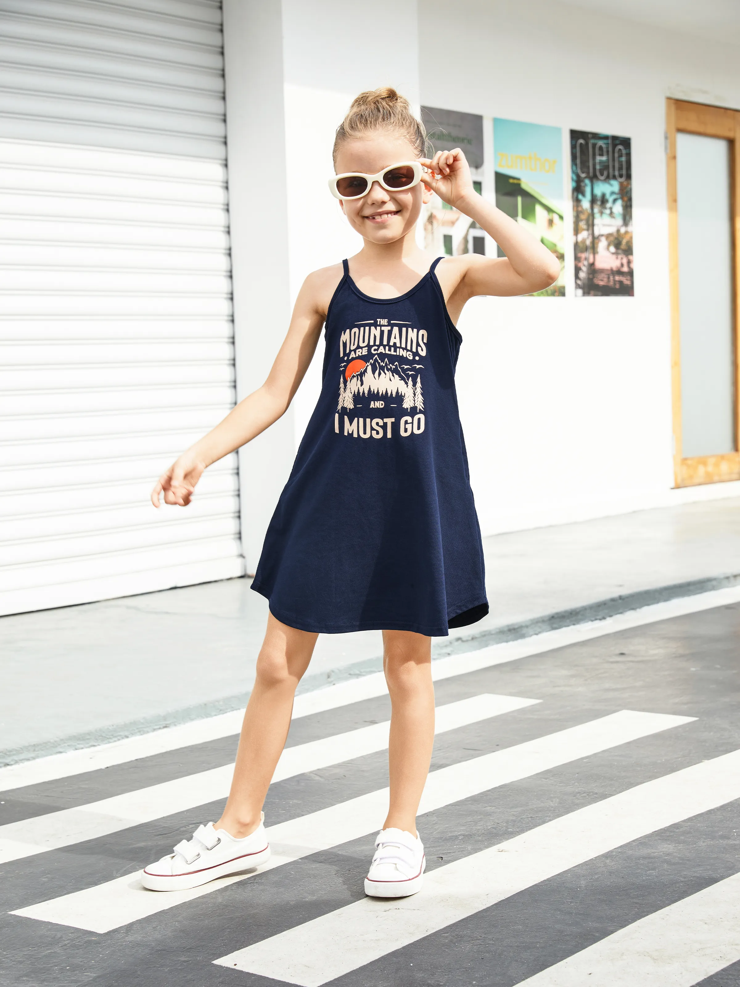 

Quick-Dry Family Matching Mountain Graphic Slogan Print Oversize Tee or Flowy Strap Dress with Pockets