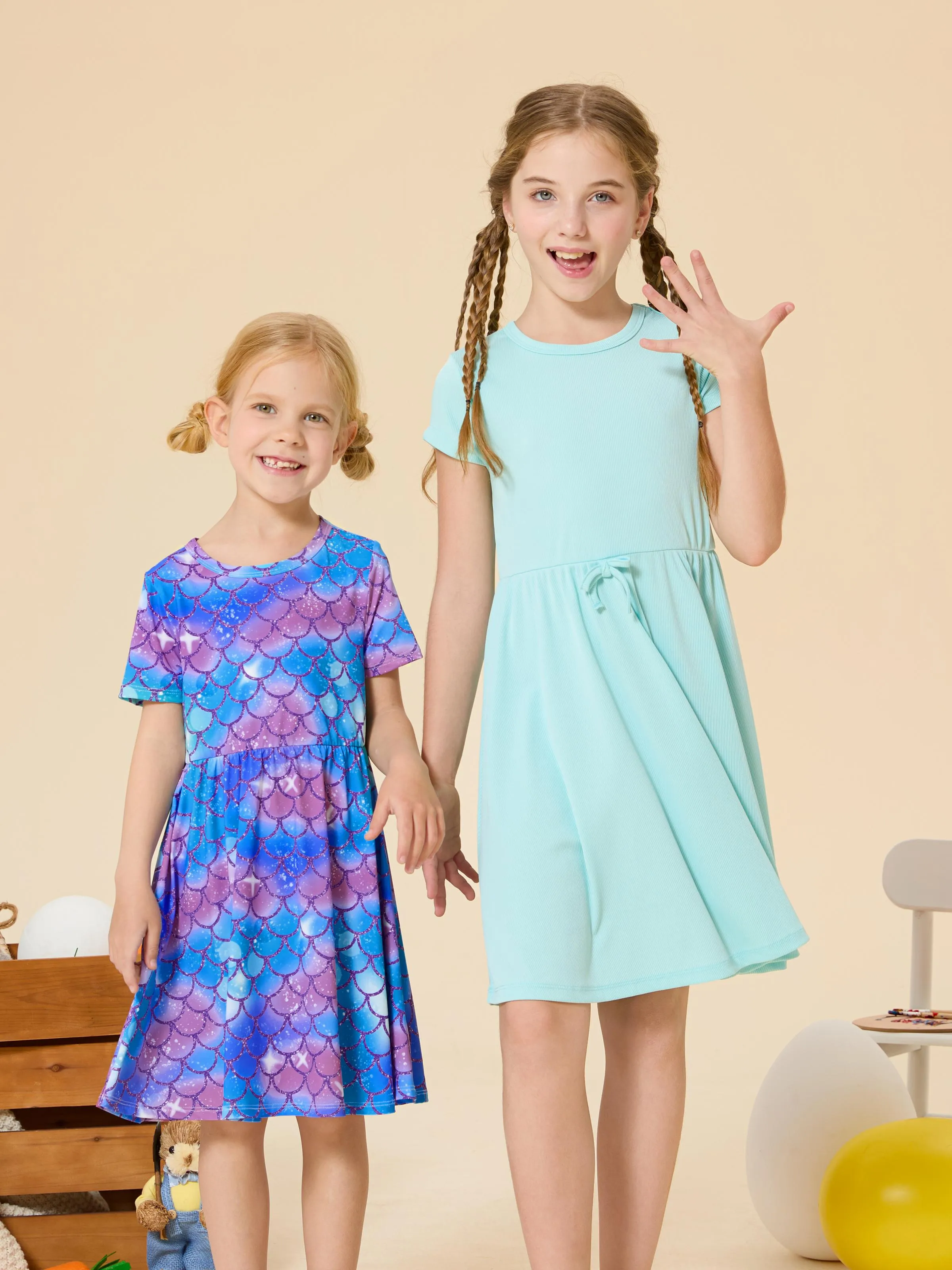 

2-Pack Toddler/Kid Girl Printed & Solid Causal Dress