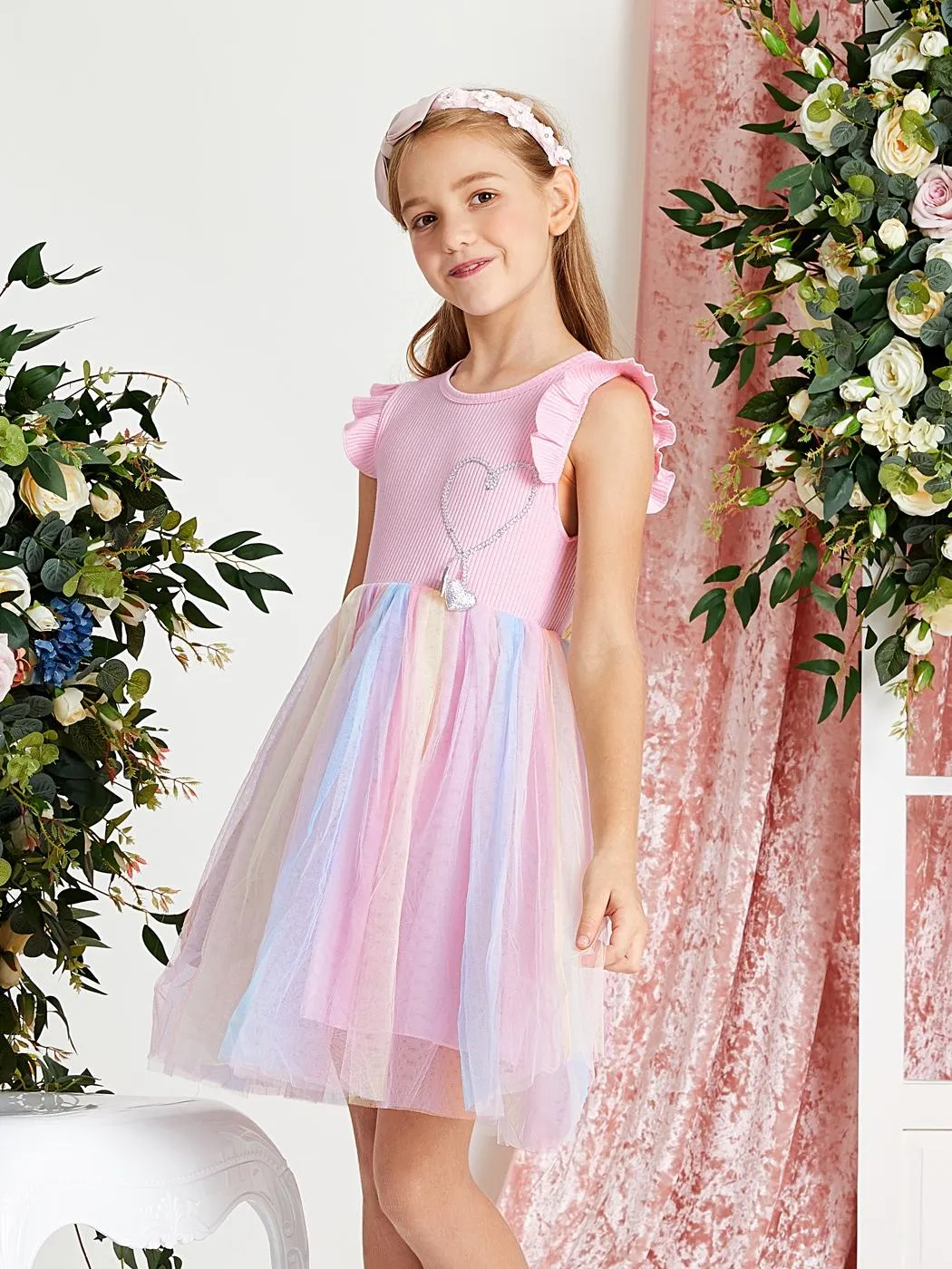 Kid Girl Princess Flutter-sleeve Heart Rainbow Mesh Fairy Dress