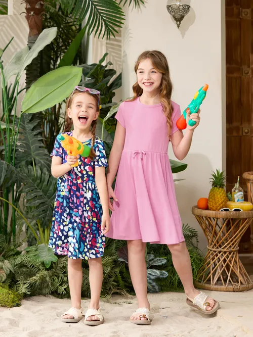 

2-Pack Toddler/Kid Girl Printed & Solid Causal Dress