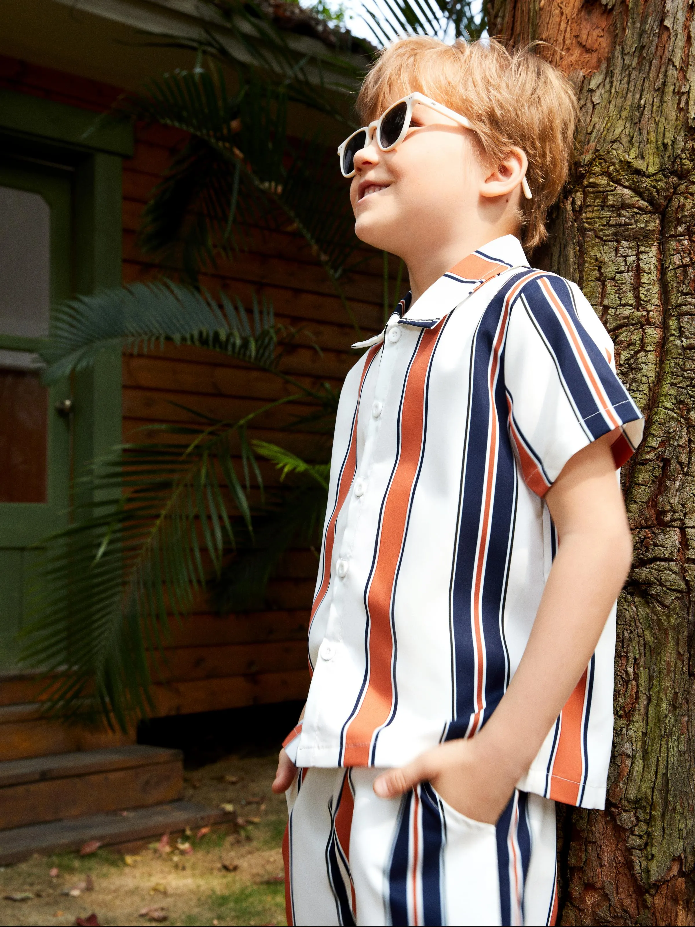 

2pcs Toddler Boy Boho Stripe Lapel Collar Shirt and Shorts Set