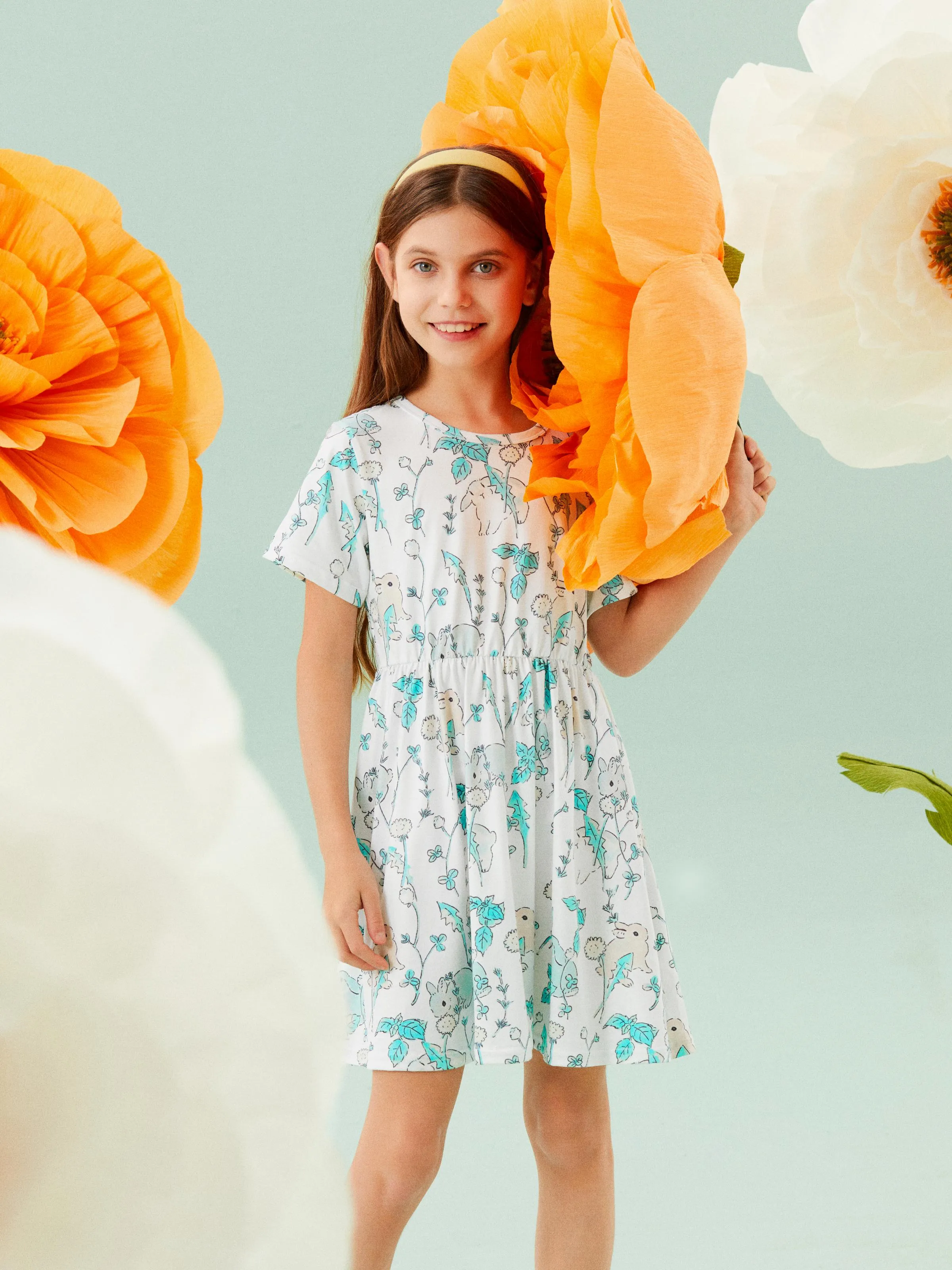 

Kid Girl Rabbit Print/Ribbed Short-sleeve Dress