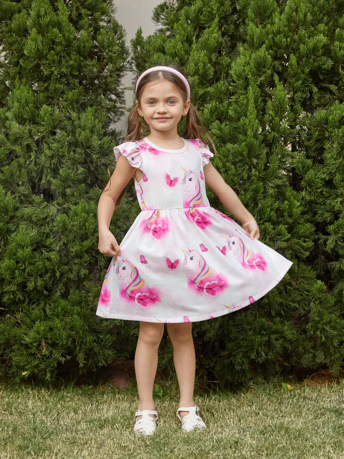 Toddler Girl Unicorn Heart Print Flutter-sleeve Pink Dress