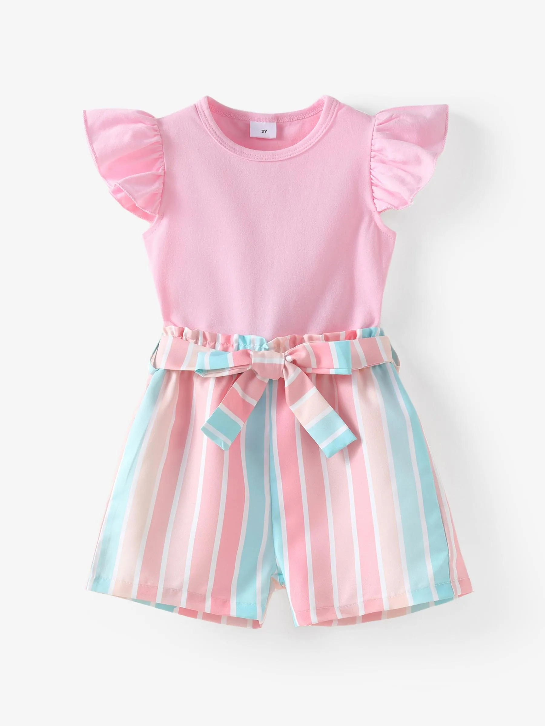 

2pcs Toddler Girl Sweet Flutter-sleeve Tee and Stripe Belted Shorts Set