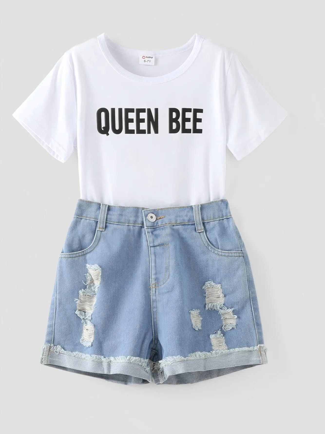 

2pcs Kid Girl Letter Print Short-sleeve White Tee and Ripped Denim Shorts Set